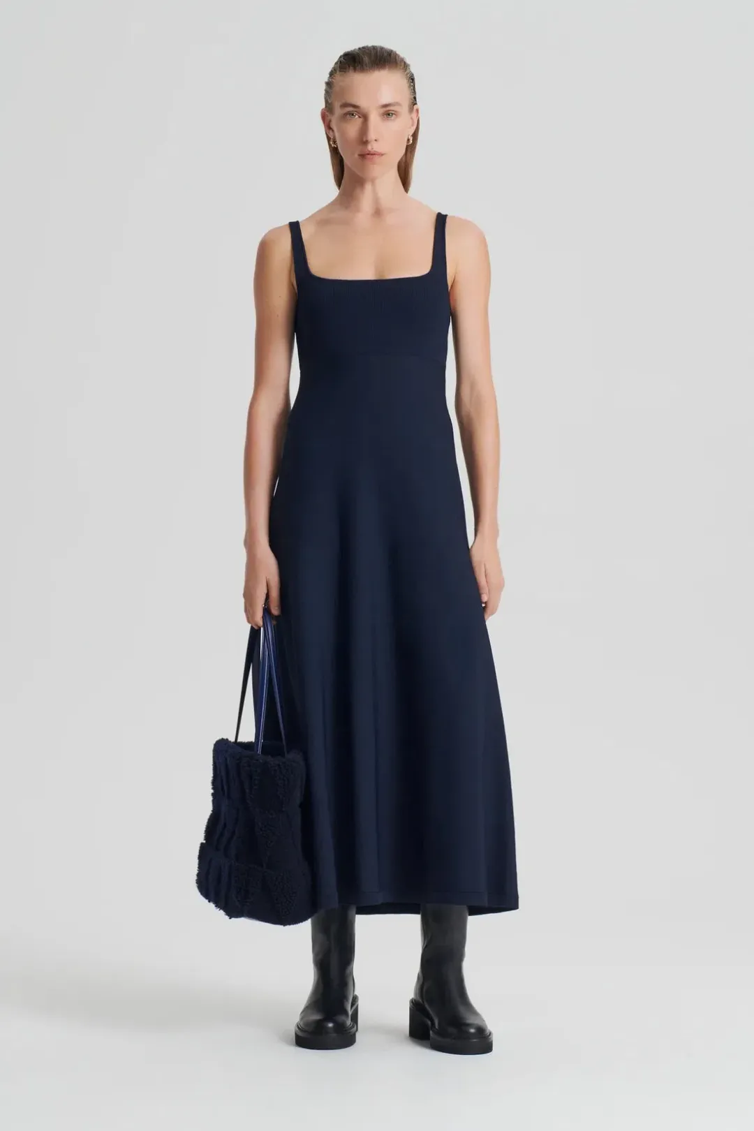 Scanlan Theodore Crepe Knit Square Neck Dress Navy Size XS/Au 8 for rent on The Volte - main image