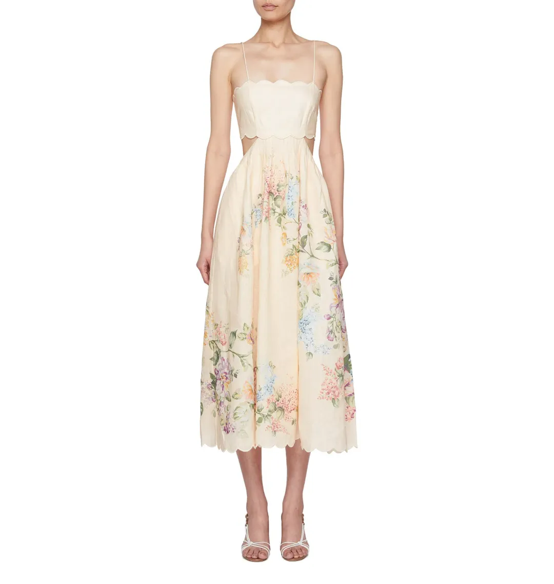 Zimmermann Halliday Scallop Midi Dress In Cream Watercolour Floral Size 3 / AU 14 for rent on The Volte - main image