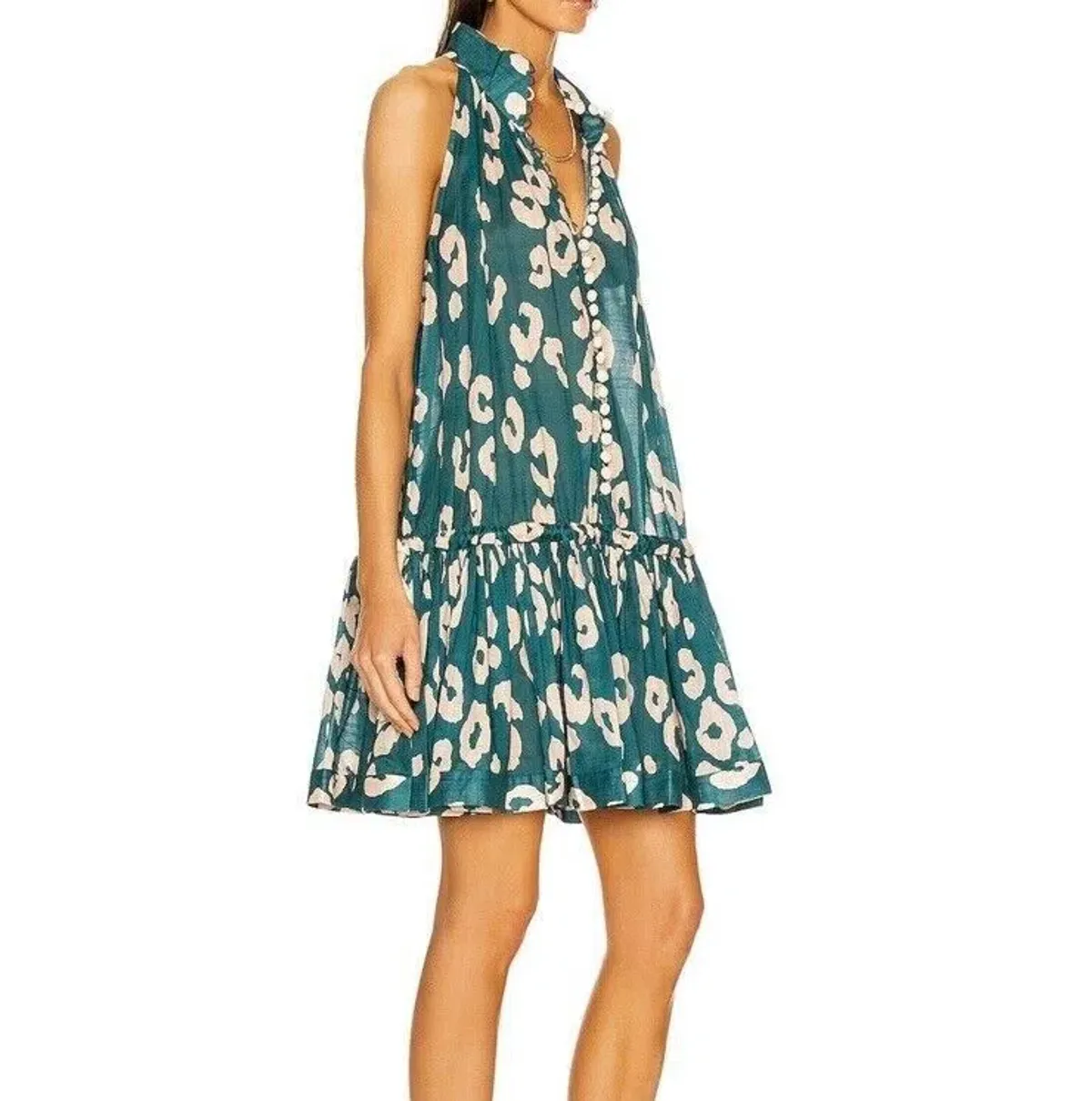 Zimmermann Shelly Swing Gathered Cotton Mini Dress Teal Leopard Print Size 0P / AU 6 / US 2  - Image 2
