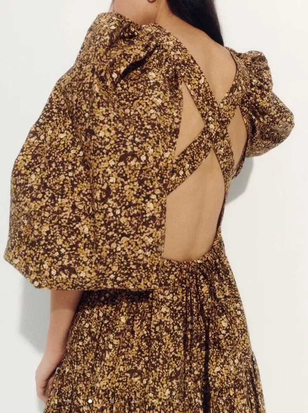 Shona Joy Dress Size 14 -Cross back Lilou Pin Tuck Midi Cotton Mimosa Brown Floral  for rent on The Volte - main image