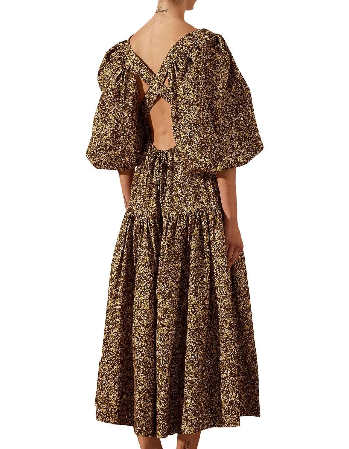 Shona Joy Dress Size 14 -Cross back Lilou Pin Tuck Midi Cotton Mimosa Brown Floral  - Image 2