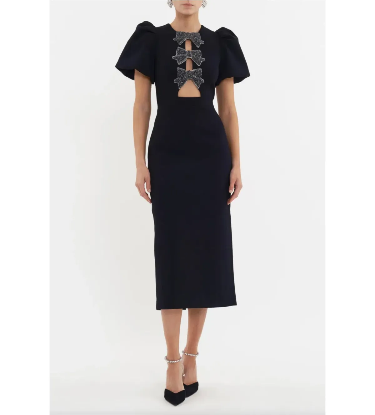 Rebecca Vallance Eliana Puff Sleeve Midi Dress Black Size AU 14 - Image 1