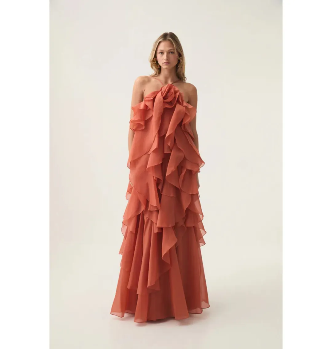Aje Pandorea Layered Maxi Dress Coral Clay Size AU 8 for rent on The Volte - main image