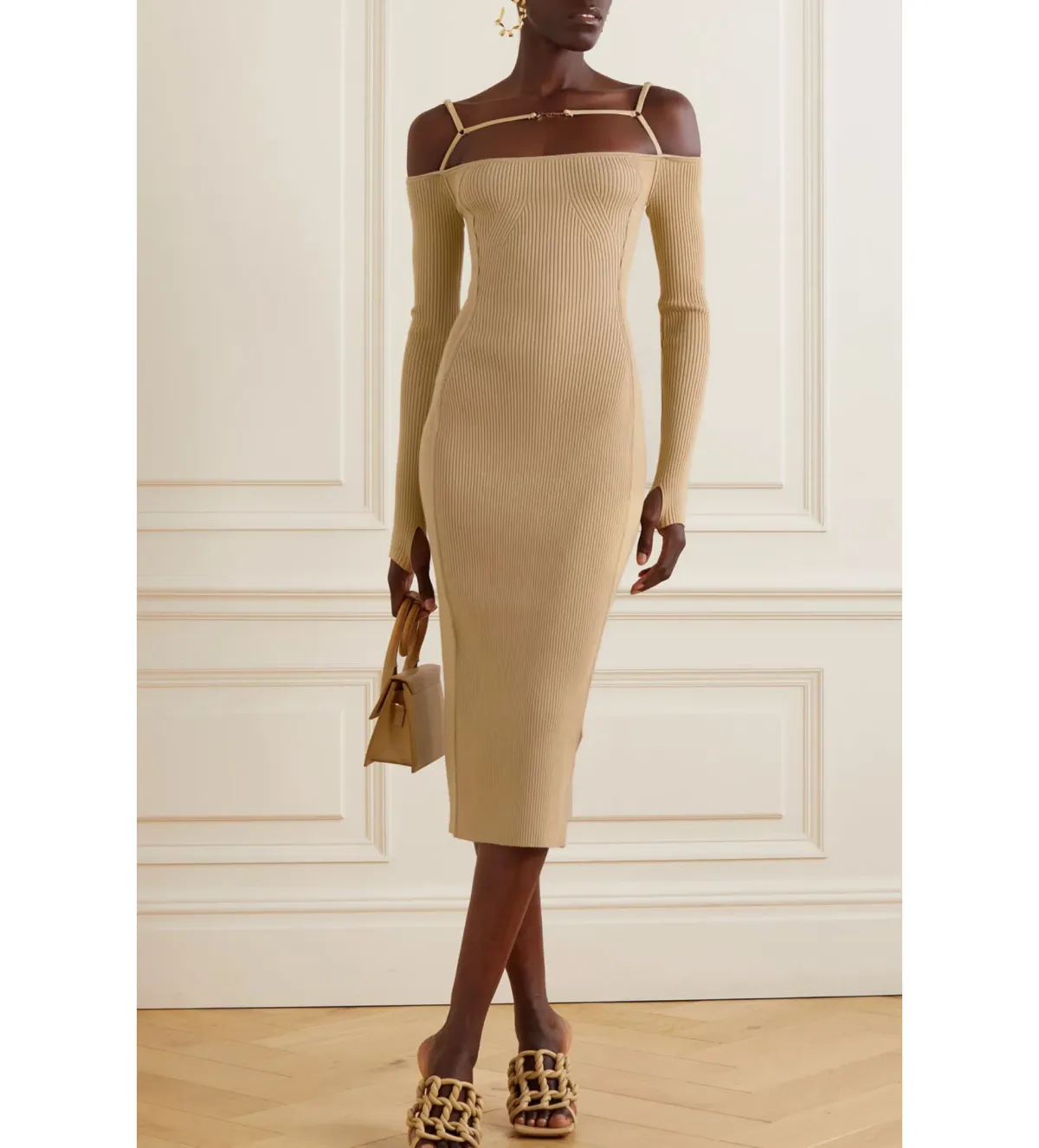 Jacquemus Sierra Embellished Ribbed Knit Midi Dress Sand Size 40 / AU 12 - Image 1