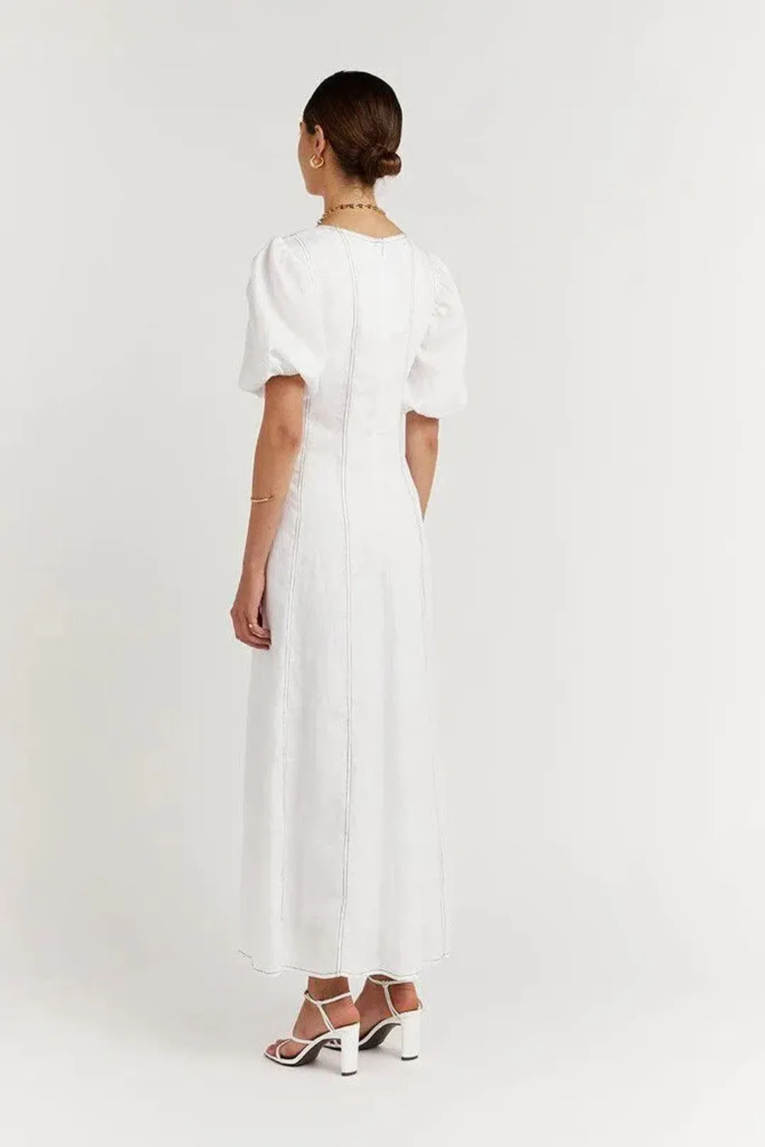 Dissh Chai Linen Panelled Puff Sleeve Midi Dress Off White ivory Size M / AU 10  for rent on The Volte - main image