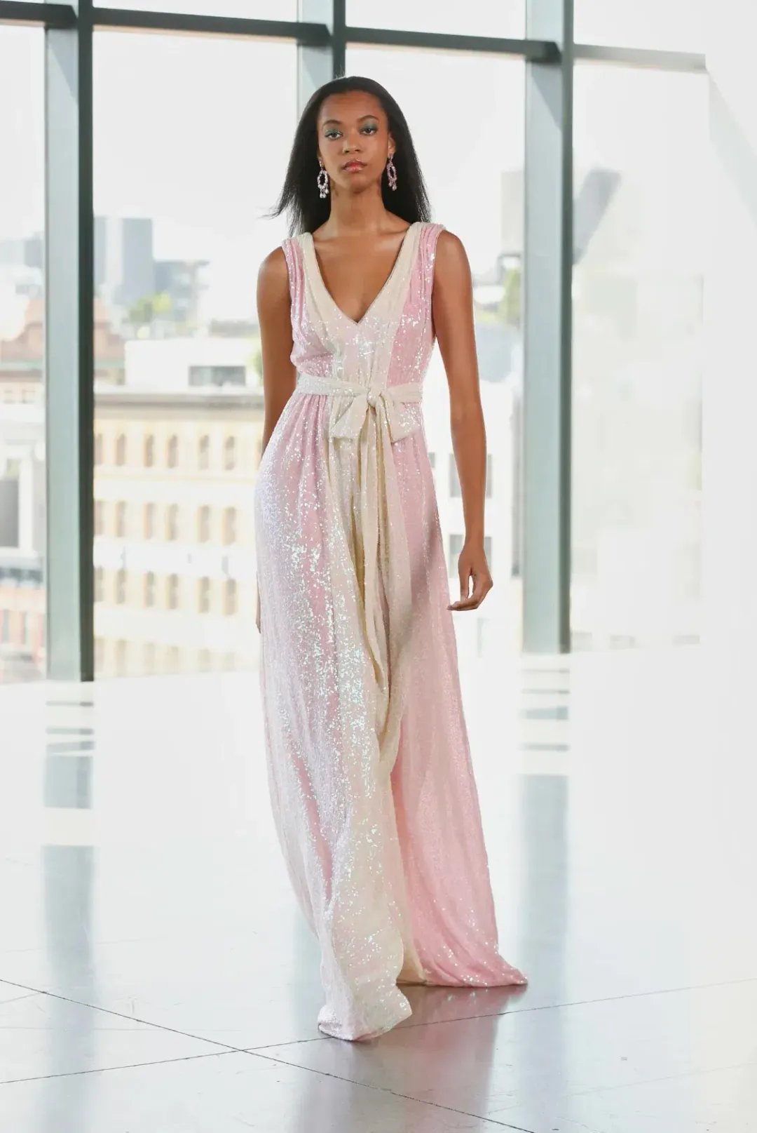 Badgley Mischka Two Tone V-Neck Sequin Long Gown Pink and Lemon Size AU 8 for rent on The Volte - main image