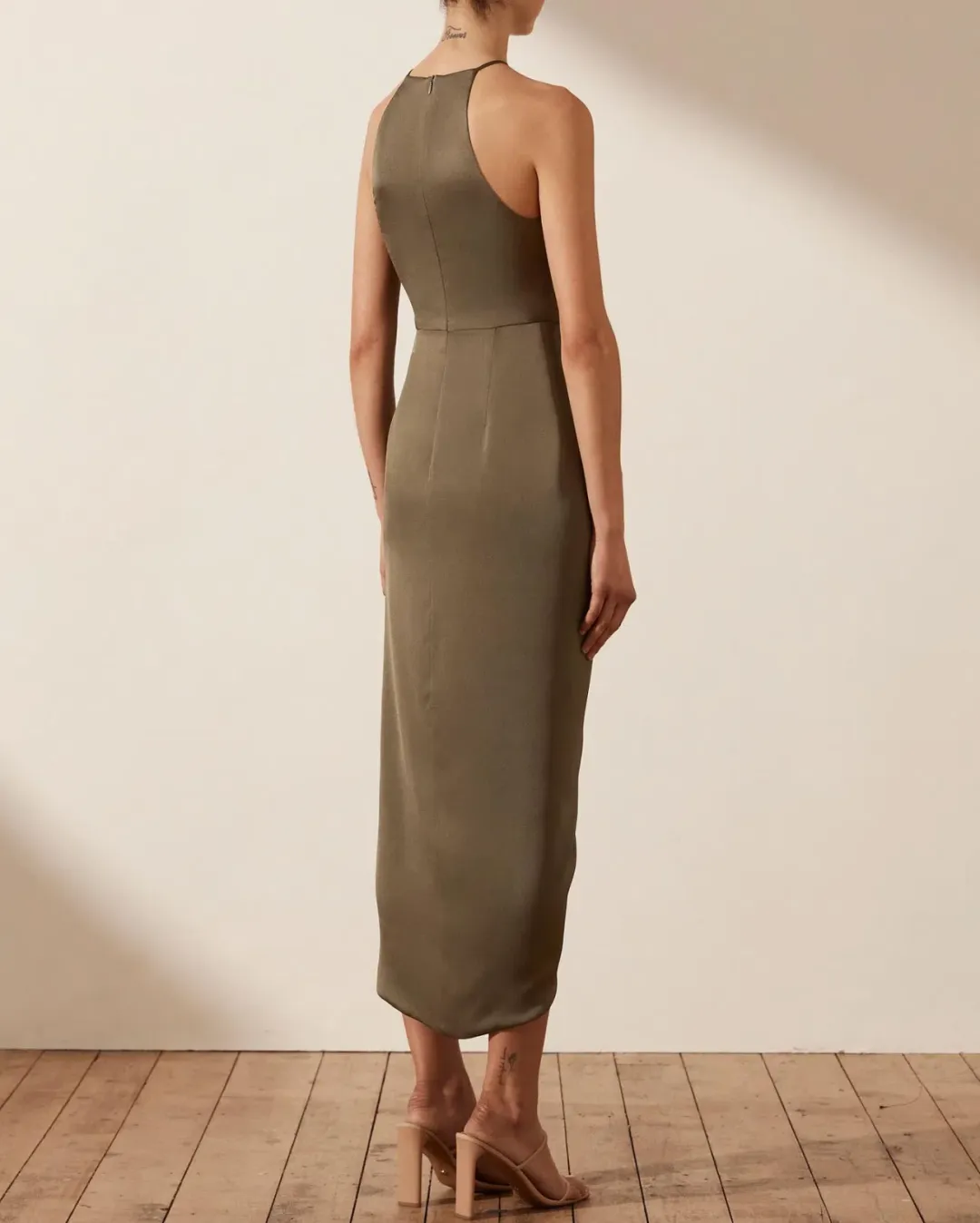Shona Joy Luxe Tie Front Sleeveless Midi Dress Pine Valley Size 6 for rent on The Volte - main image