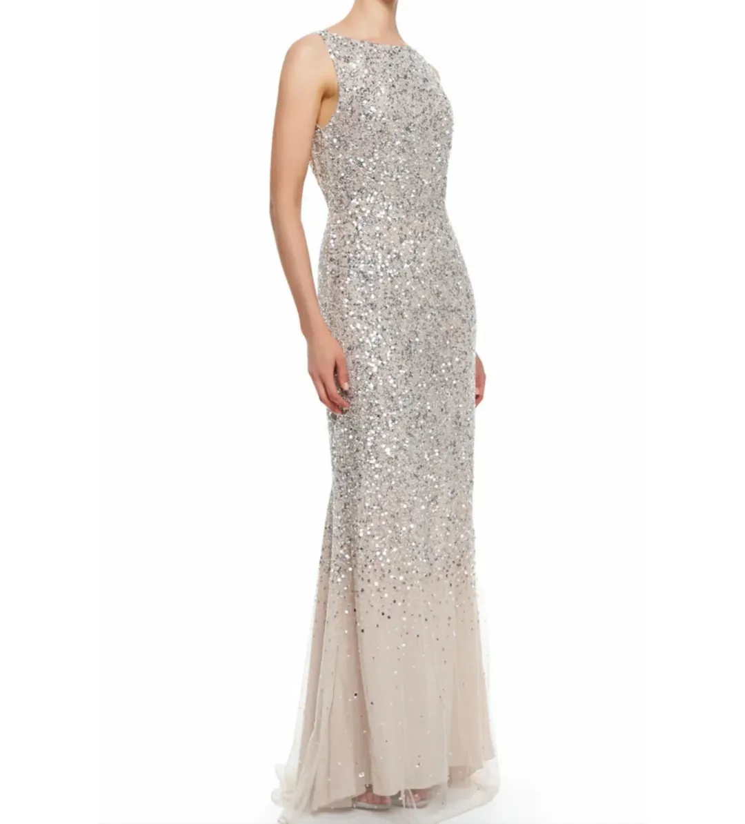 Alice + Olivia Saba Sleeveless Beaded Mesh Gown Silver Sequins on Nude Lining Size AU 4  for rent on The Volte - main image