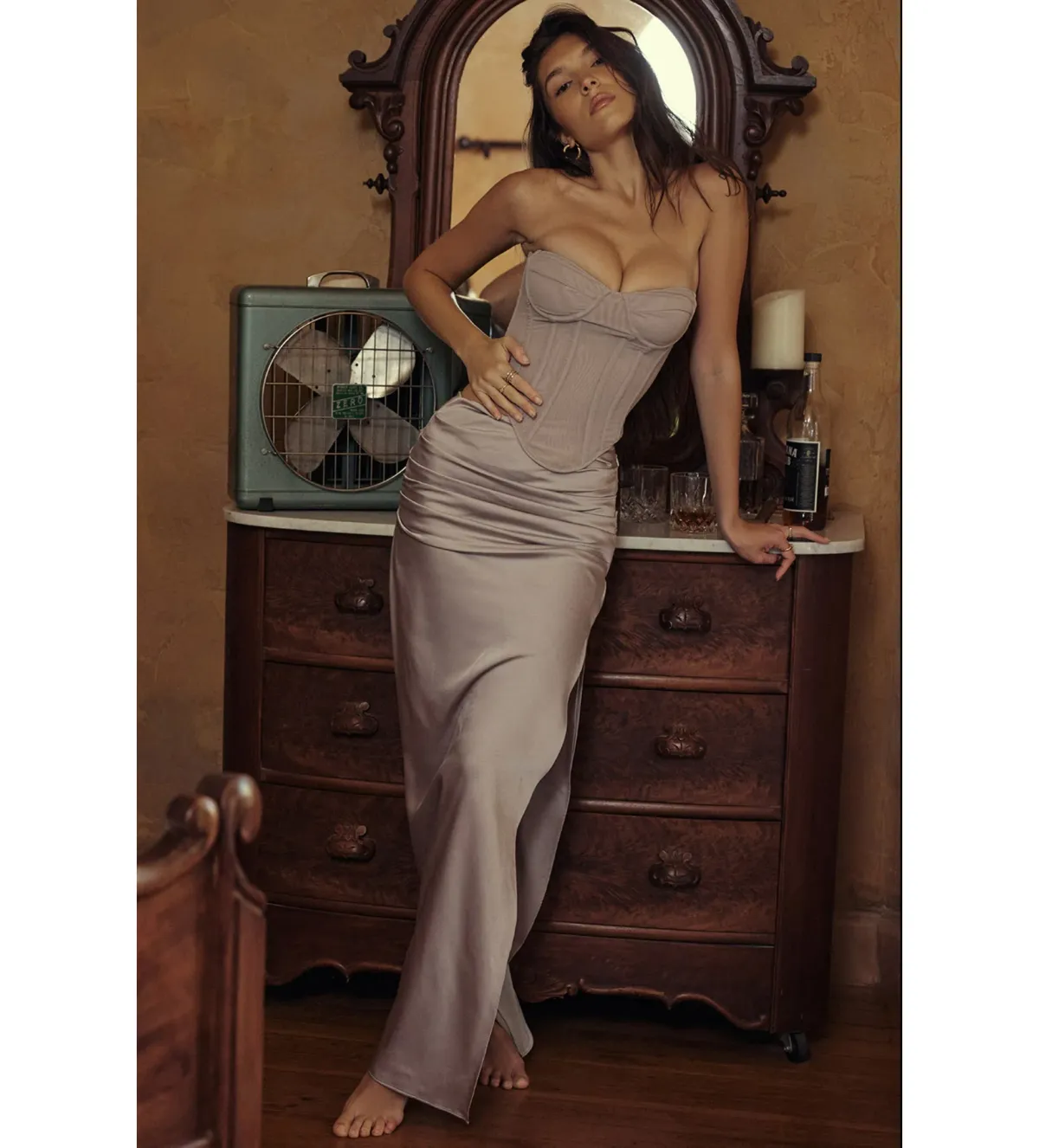 House of CB Half Underwired Corset and Jia Satin Gathered Maxi Skirt in Silver Size XS / AU 6 - Image 1