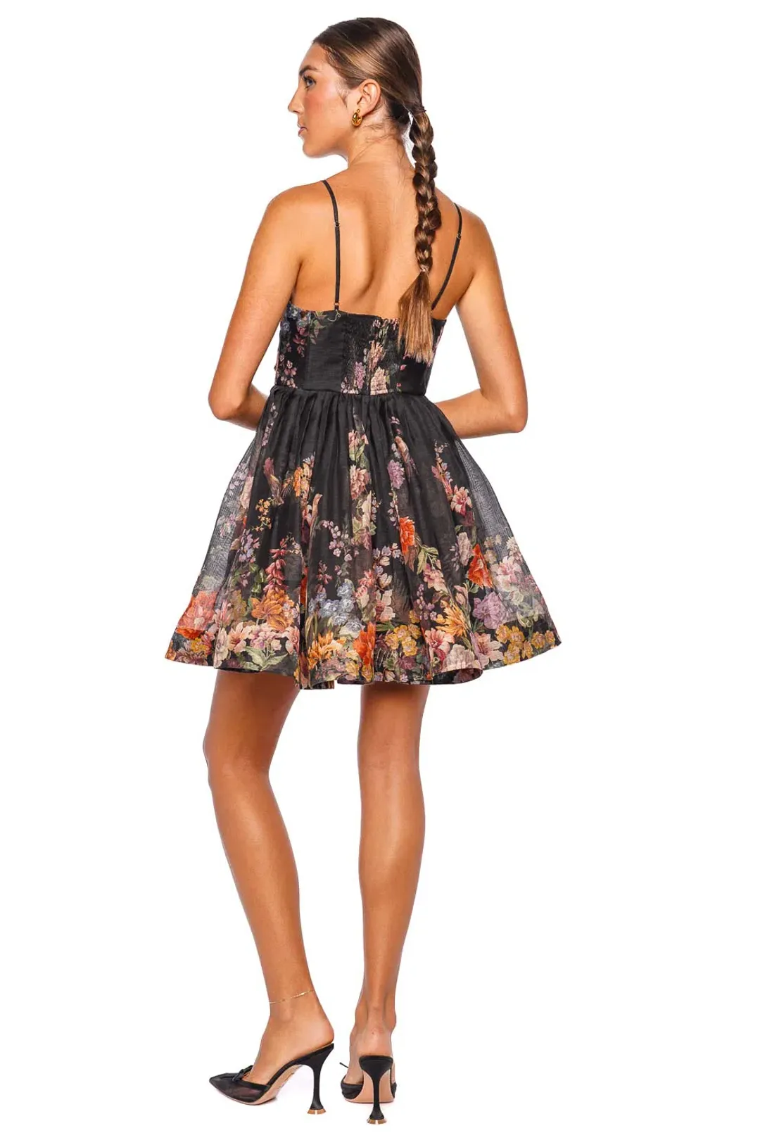 Zimmermann Pavilion V Neck Mini Dress Black Multi Floral Size 1 / AU 10 for rent on The Volte - main image