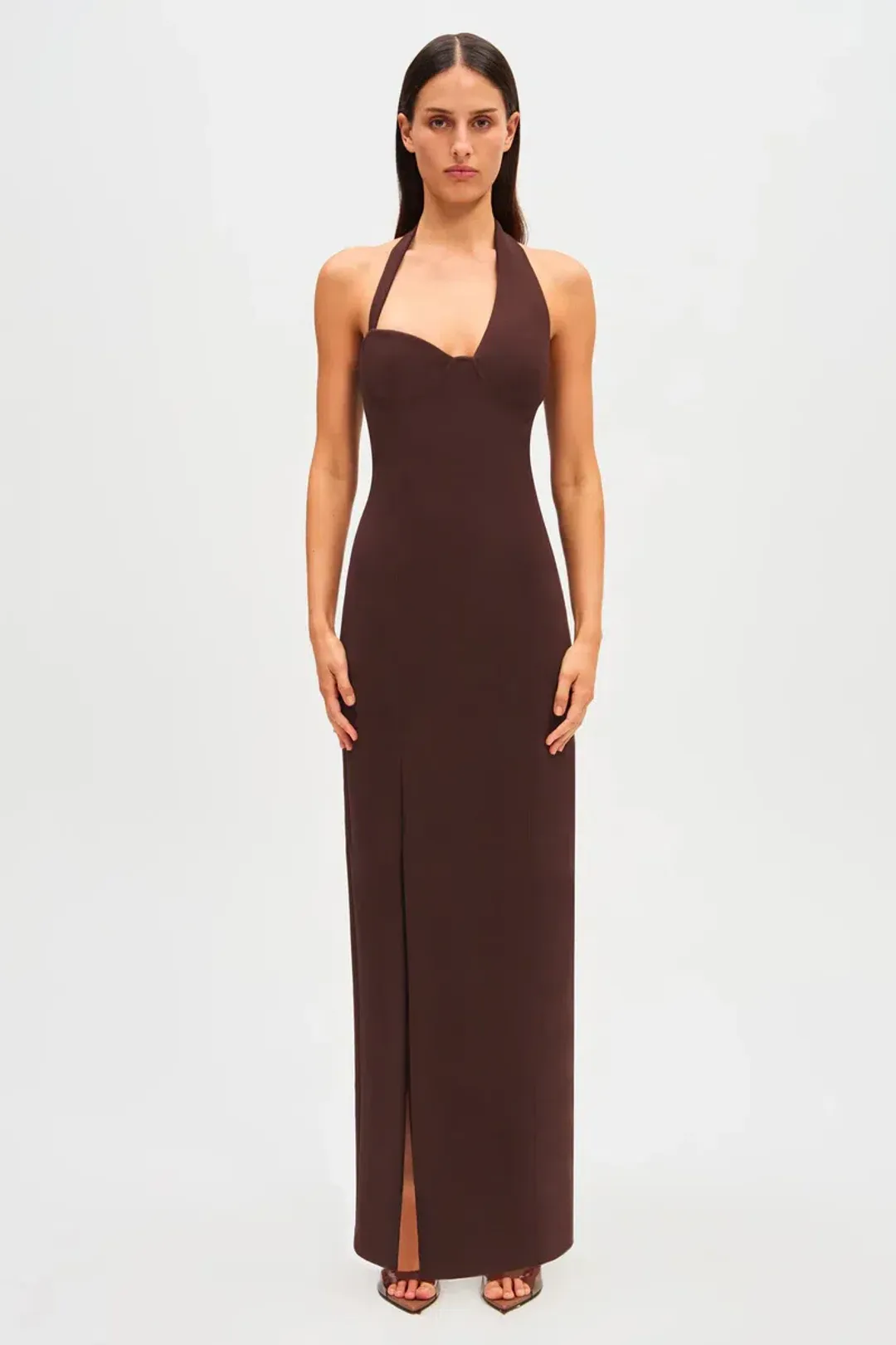 Misha Amora Crepe Maxi Dress Brown Size 10/M for rent on The Volte - main image