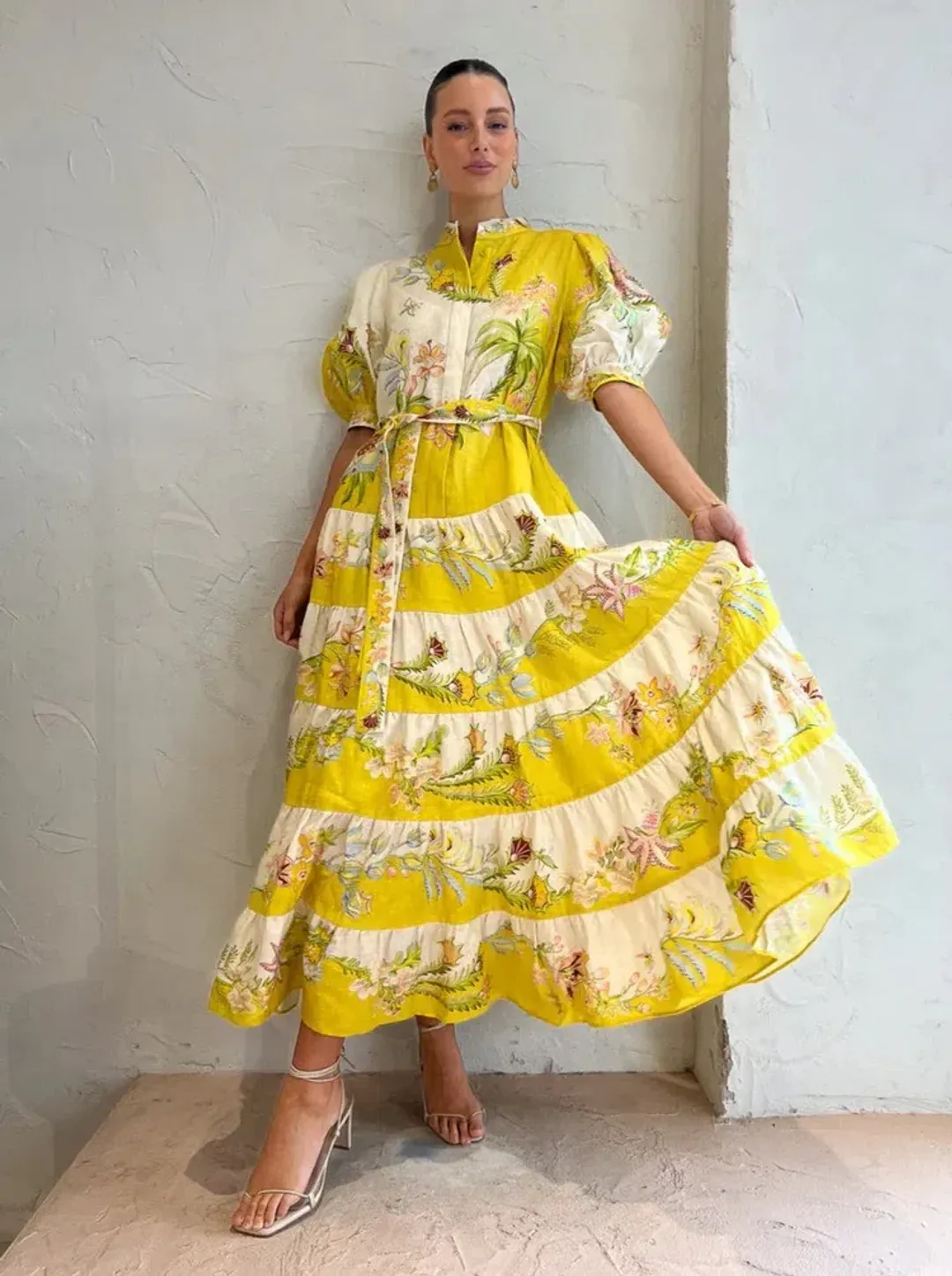 Alemais Ira Tiered Midi Dress Lemon/Cream Size AU 10 for rent on The Volte - main image