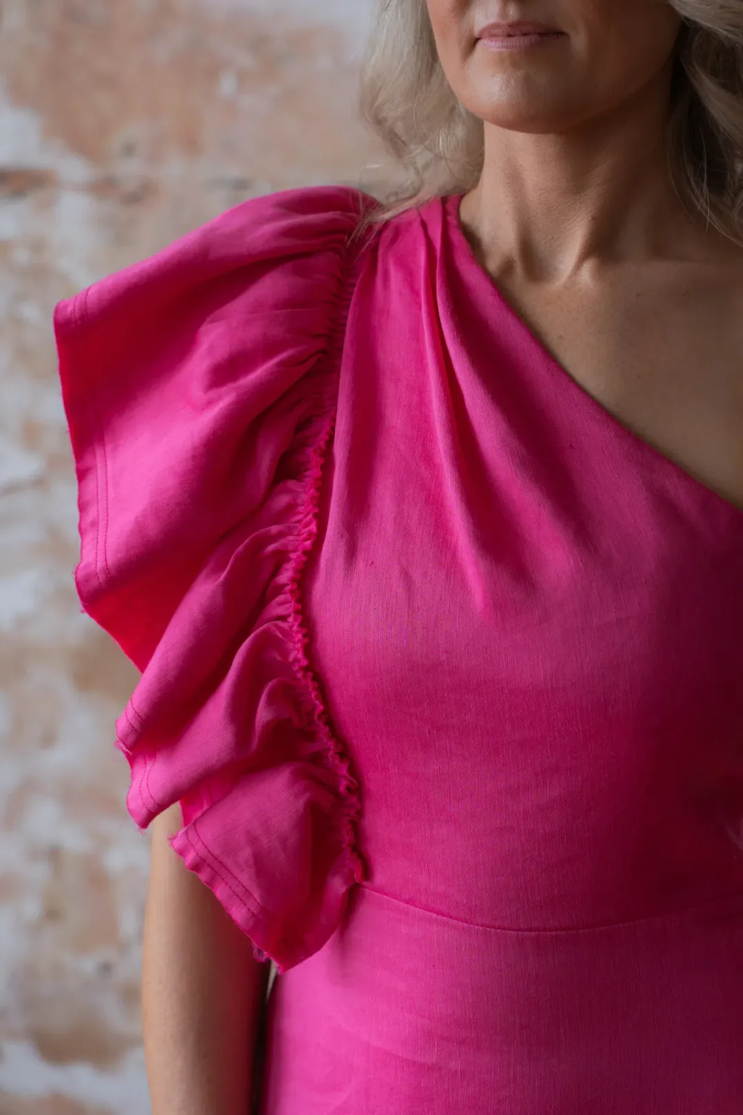 Aje Bonjour Asymmetric A-line Midi Dress Fuchsia Pink Size 8 for rent on The Volte - main image