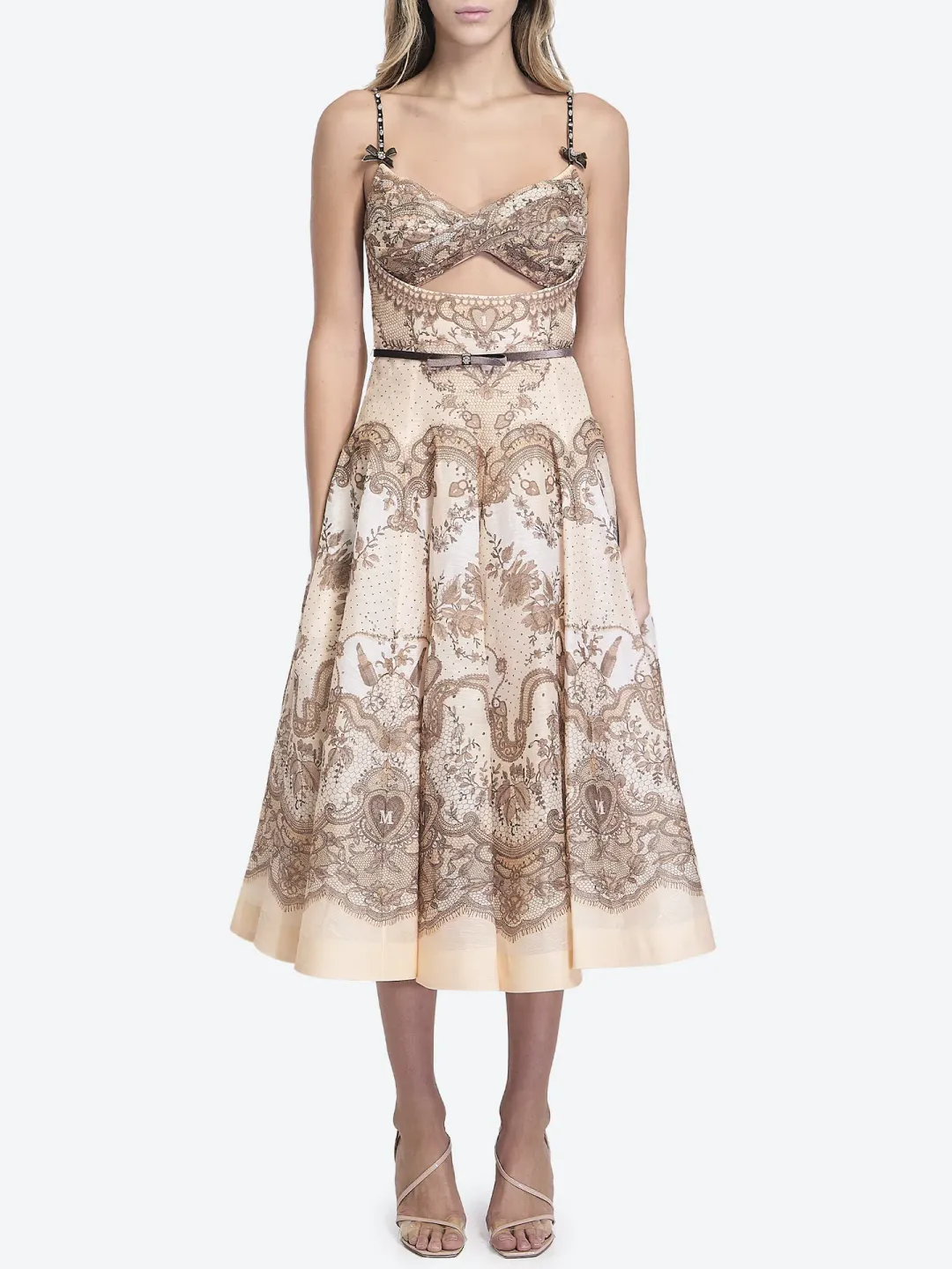 Zimmermann Crush Twist Front Midi Dress Peach Lace Print Size 0 / AU 8 for rent on The Volte - main image