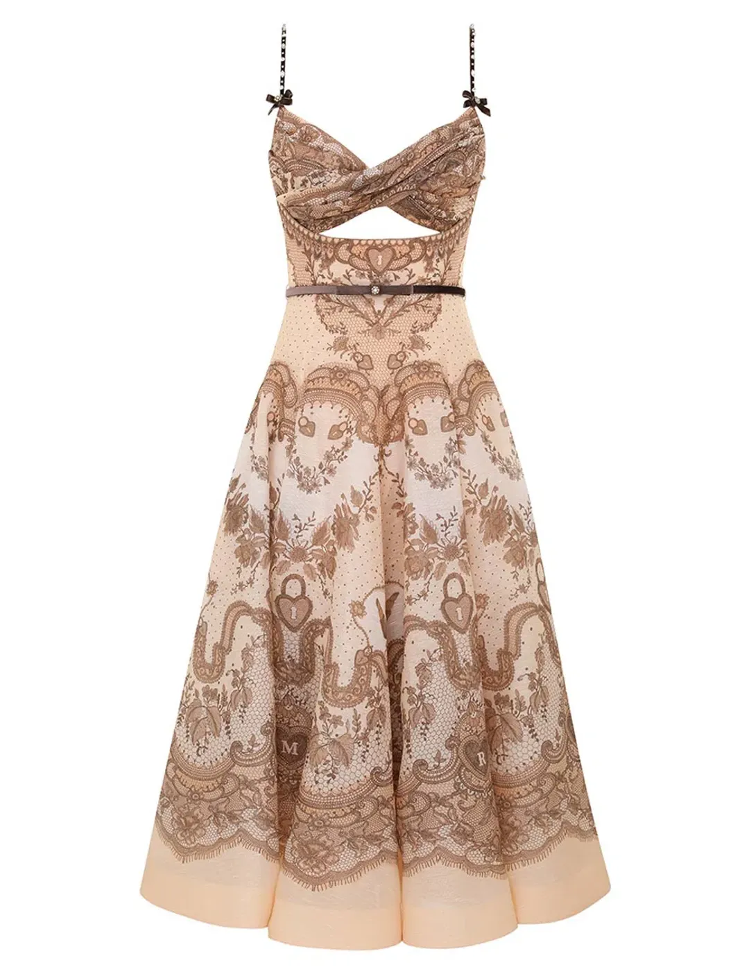 Zimmermann Crush Twist Front Midi Dress Peach Lace Print Size 0 / AU 8 for rent on The Volte - main image