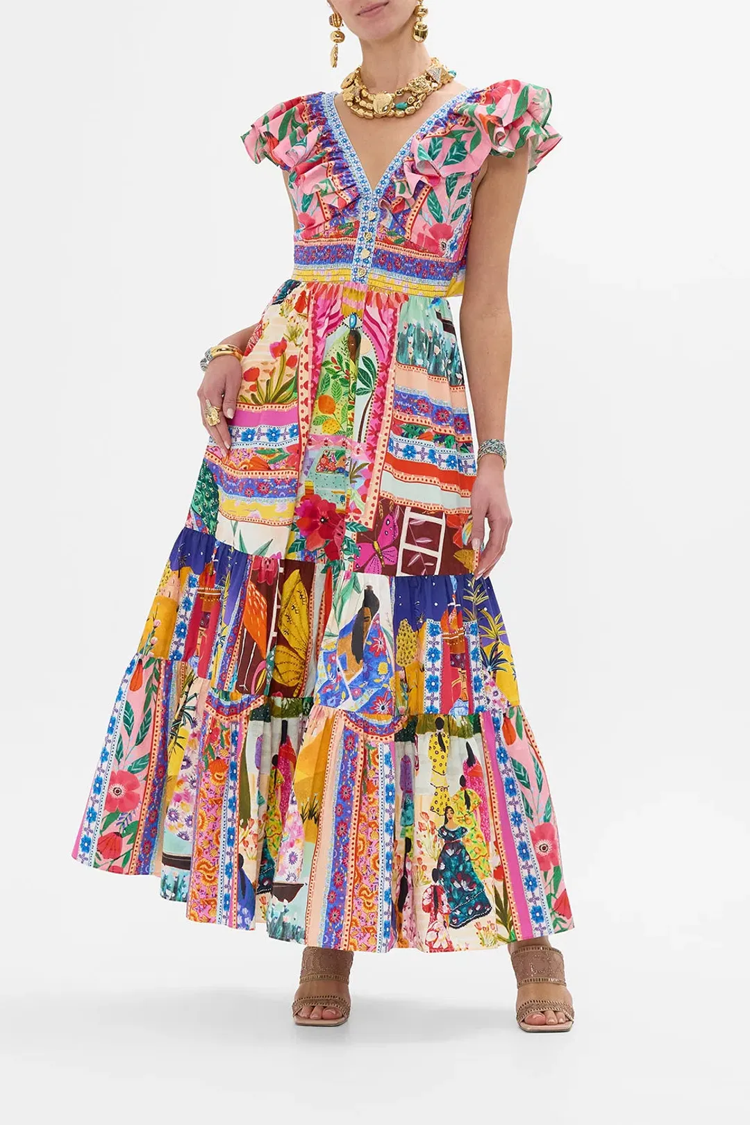 Camilla Roeqiya's Realm Tiered Maxi Dress With Neck Frill Print Size M / AU 12  for rent on The Volte - main image