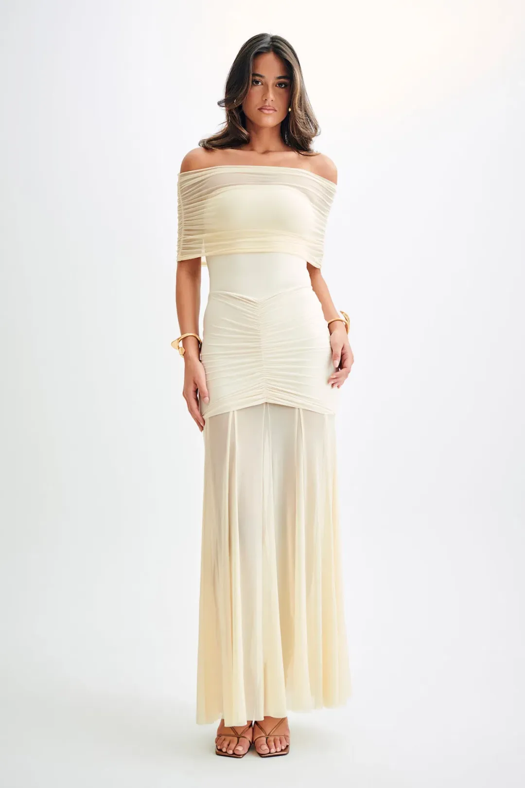Meshki Caspian Slinky And Mesh Off Shoulder Maxi Dress Ivory Size S / AU 8 for rent on The Volte - main image
