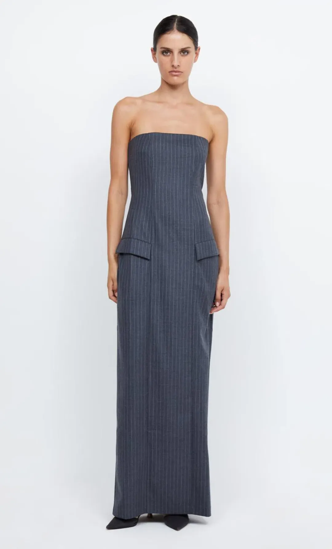 Bec & Bridge Pine Strapless Maxi Dress in Charcoal Pinstripe Size 8 for rent on The Volte - main image