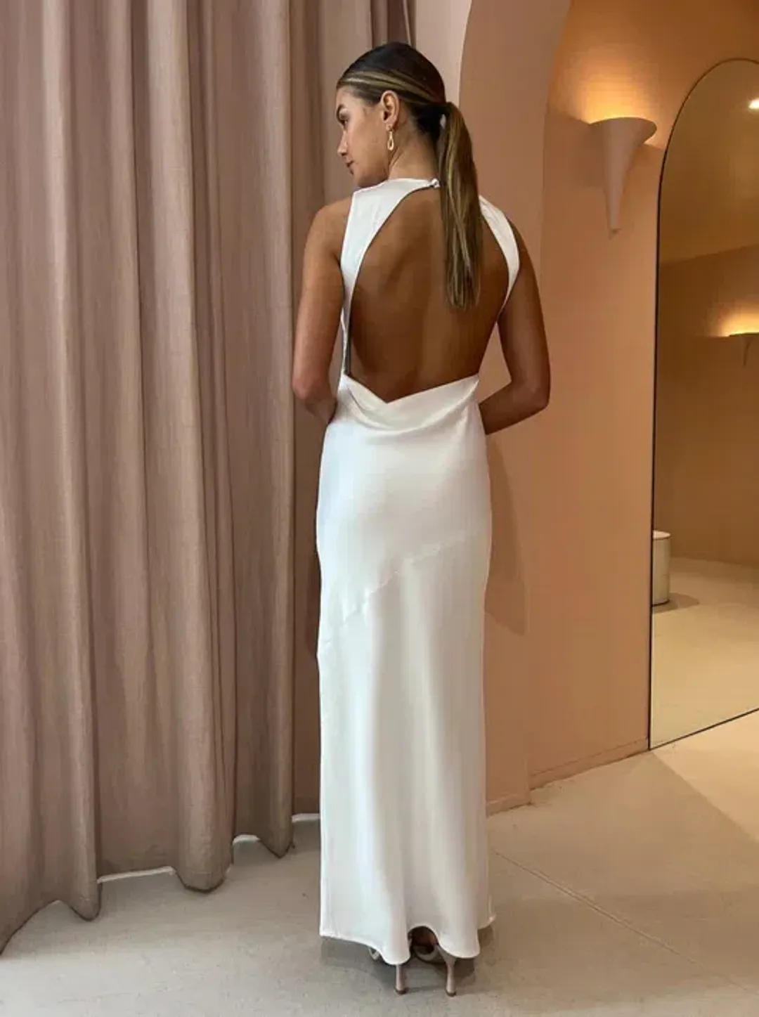 Third Form Satin Bias Cowl Back Maxi Dress White Size 8 for rent on The Volte - main image