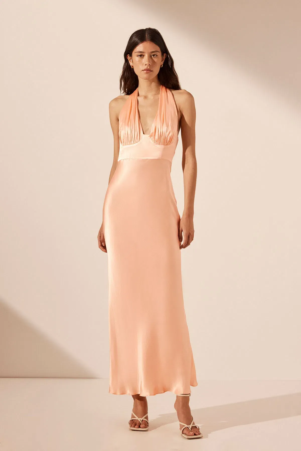 Shona Joy La Lune Plunged Halter Midi Dress Peach Size AU 6 - Image 1