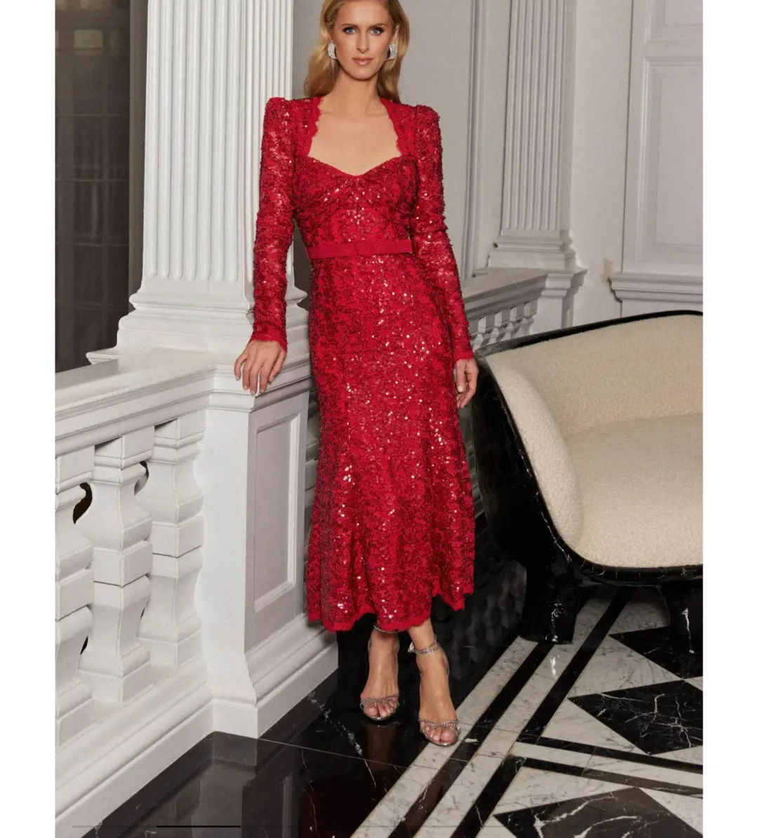 Rebecca Vallance Nicky Hilton Leyla Long Sleeve Midi Dress in Red Sequin Size XS / AU 6 for rent on The Volte - main image