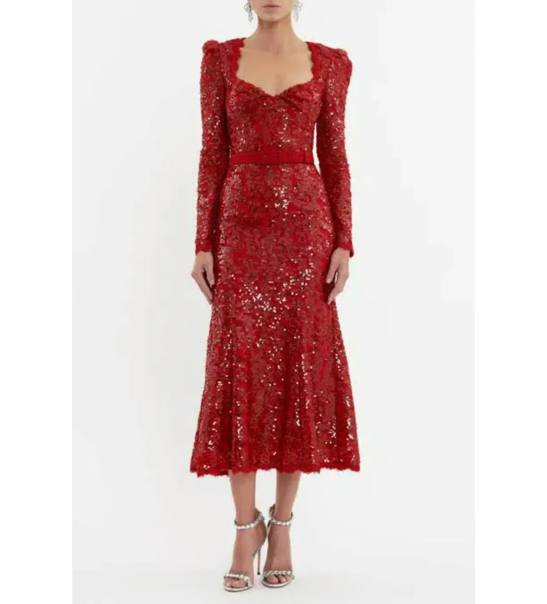Rebecca Vallance Nicky Hilton Leyla Long Sleeve Midi Dress in Red Sequin Size XS / AU 6 for rent on The Volte - main image