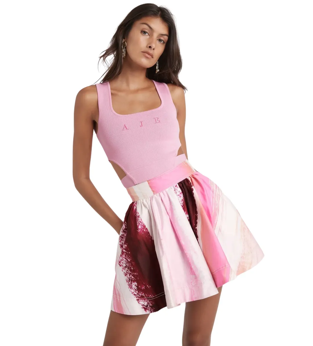 Aje Kasbah Crop Top and Mini Skirt Set in Sunset Pink Print Size AU 8 for rent on The Volte - main image