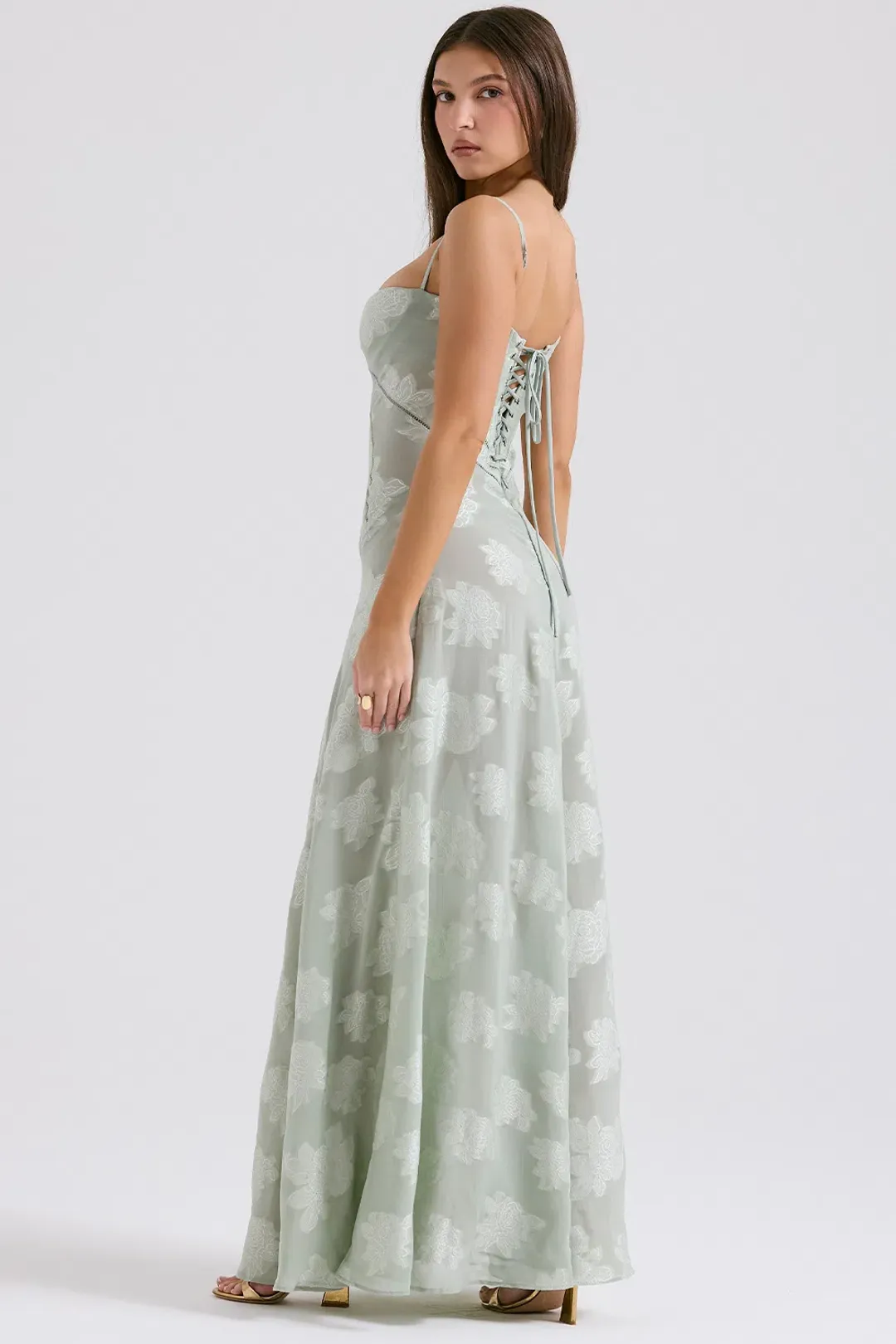 House of CB Seren Lace Back Maxi Dress Pistachio Floral Size XS / AU 6 for rent on The Volte - main image