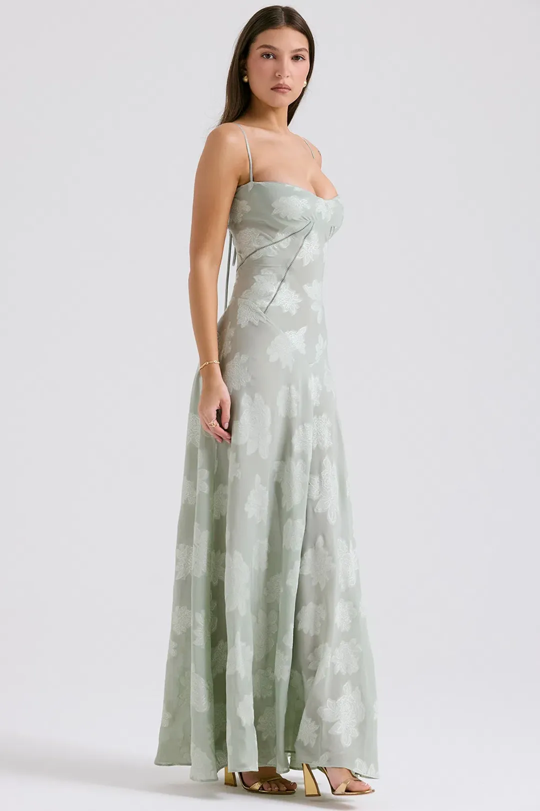 House of CB Seren Lace Back Maxi Dress Pistachio Floral Size XS / AU 6 for rent on The Volte - main image