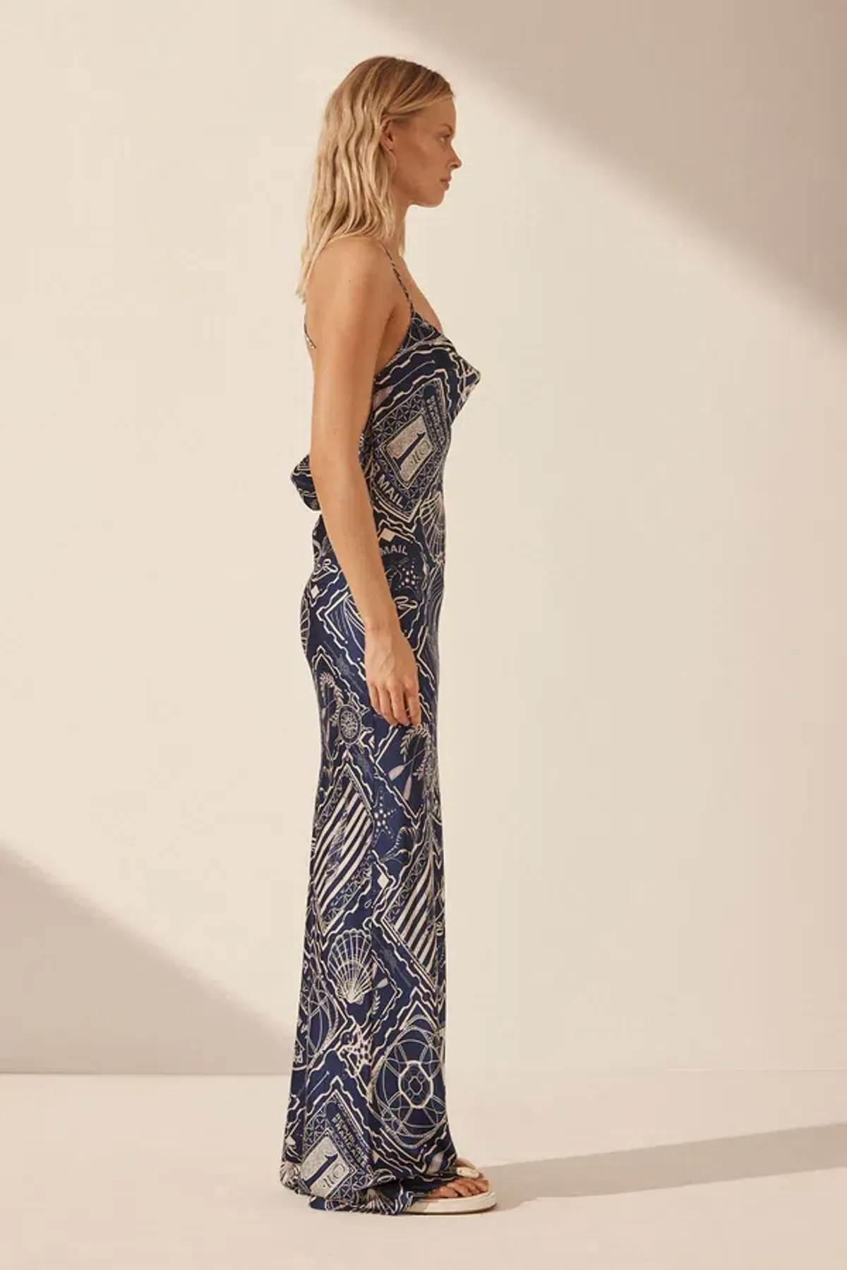 Shona Joy Mer Silk Double Cowl Bias Maxi Dress Navy/Ivory Print Size 6 - Image 4