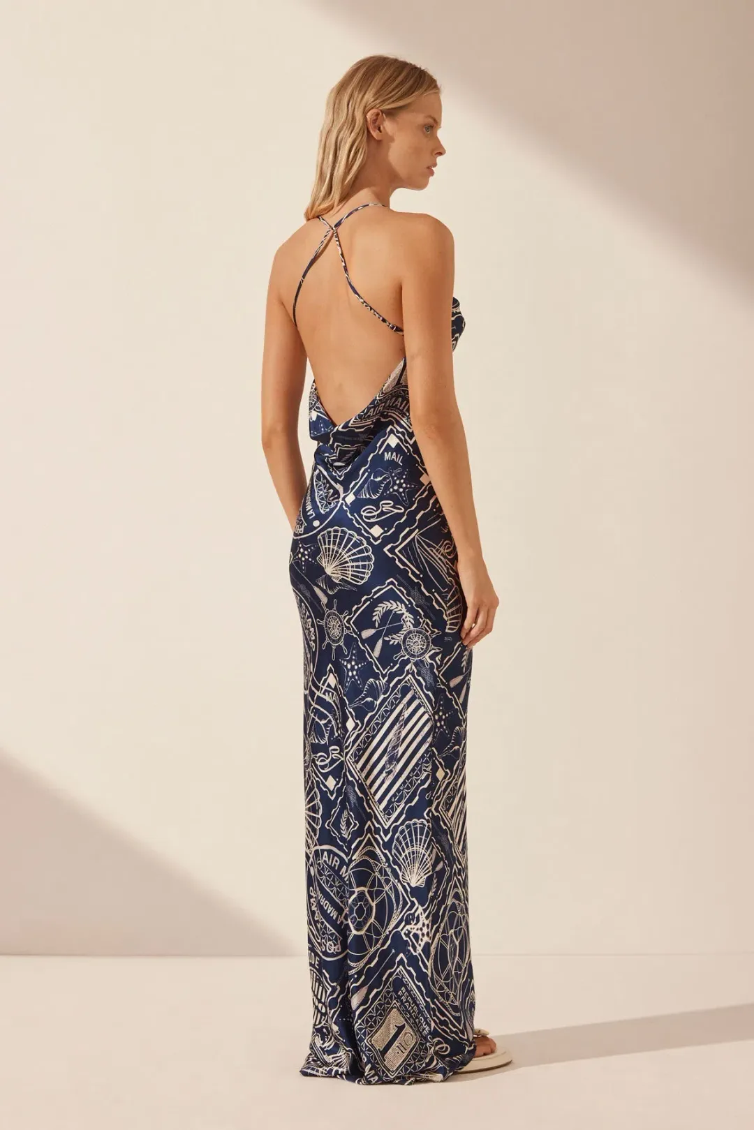 Shona Joy Mer Silk Double Cowl Bias Maxi Dress Navy/Ivory Print Size 6 for rent on The Volte - main image