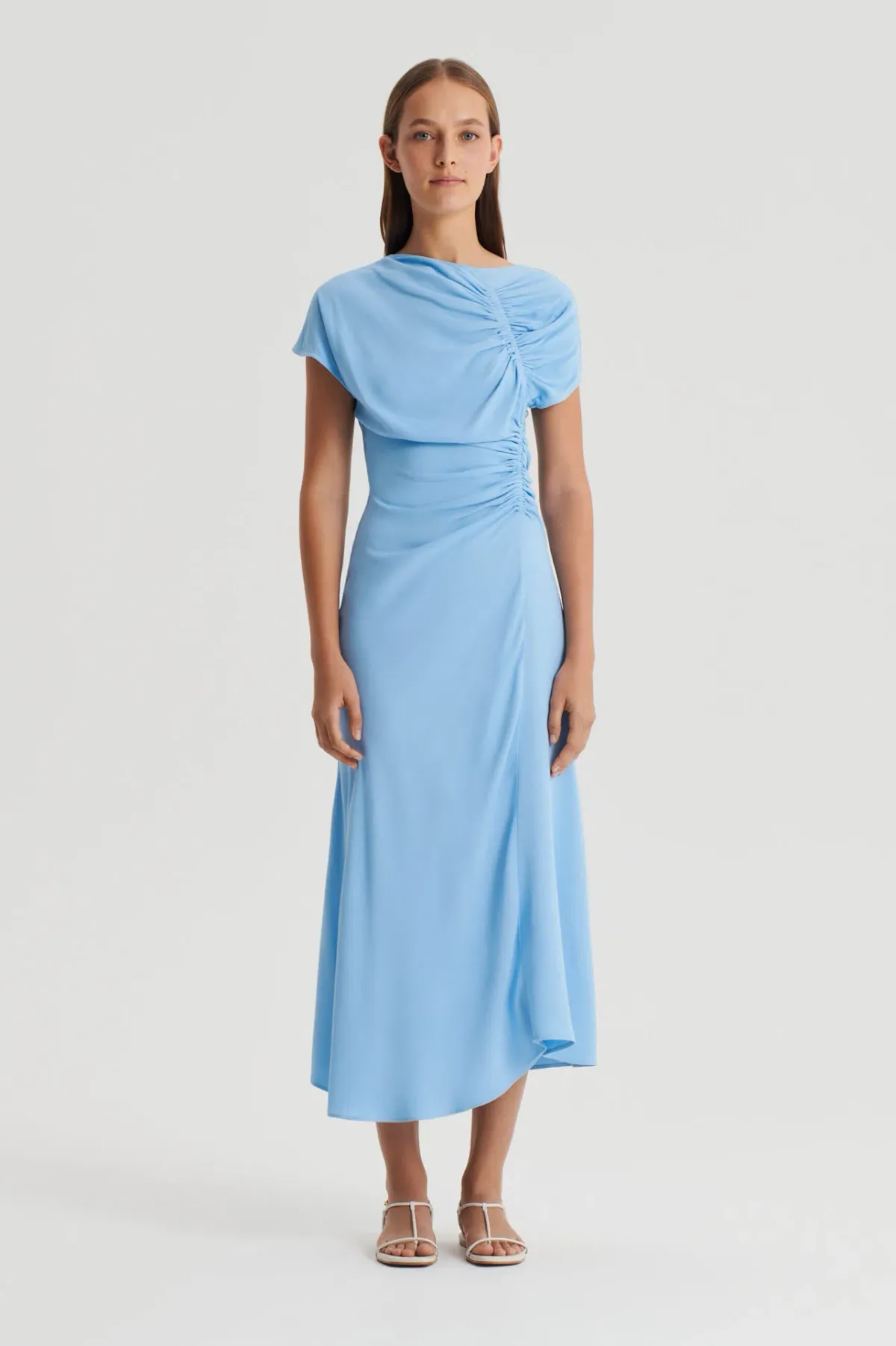 Scanlan Theodore Gathered Drape Midi Dress in Sky Blue Size 8 - Image 1