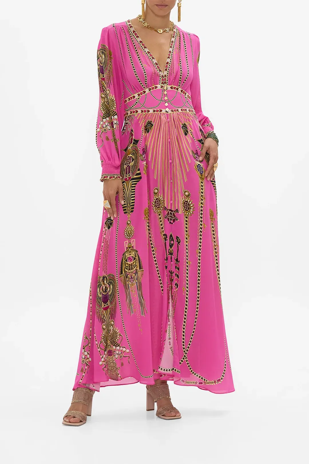 Camilla Song of the Scarab Button Dress with Shaped Waistband Print Size S / AU 10 for rent on The Volte - main image