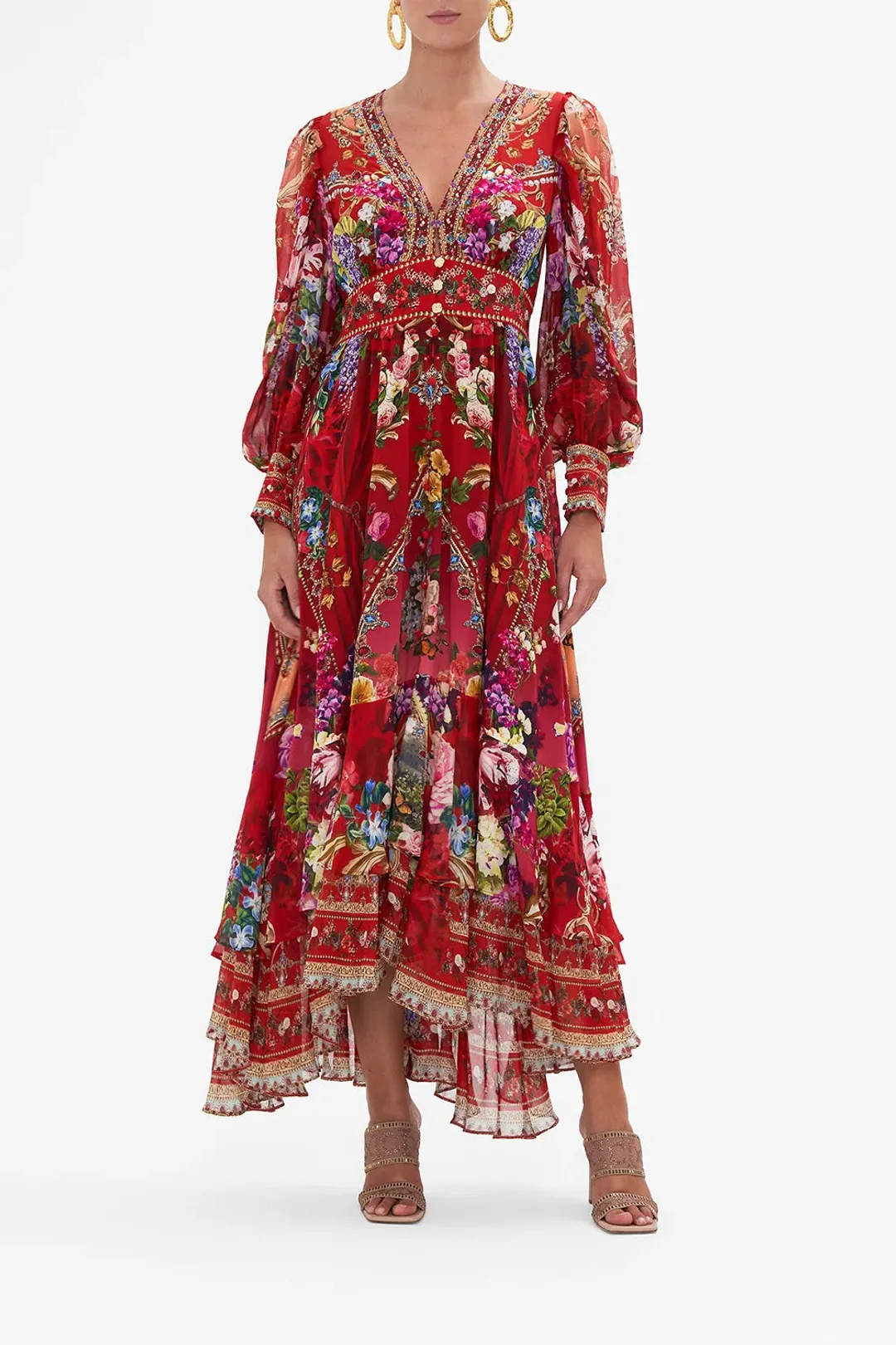 Camilla Red Long Button Front Dress ‘Rites of Roses’ Size S / AU 10 for rent on The Volte - main image