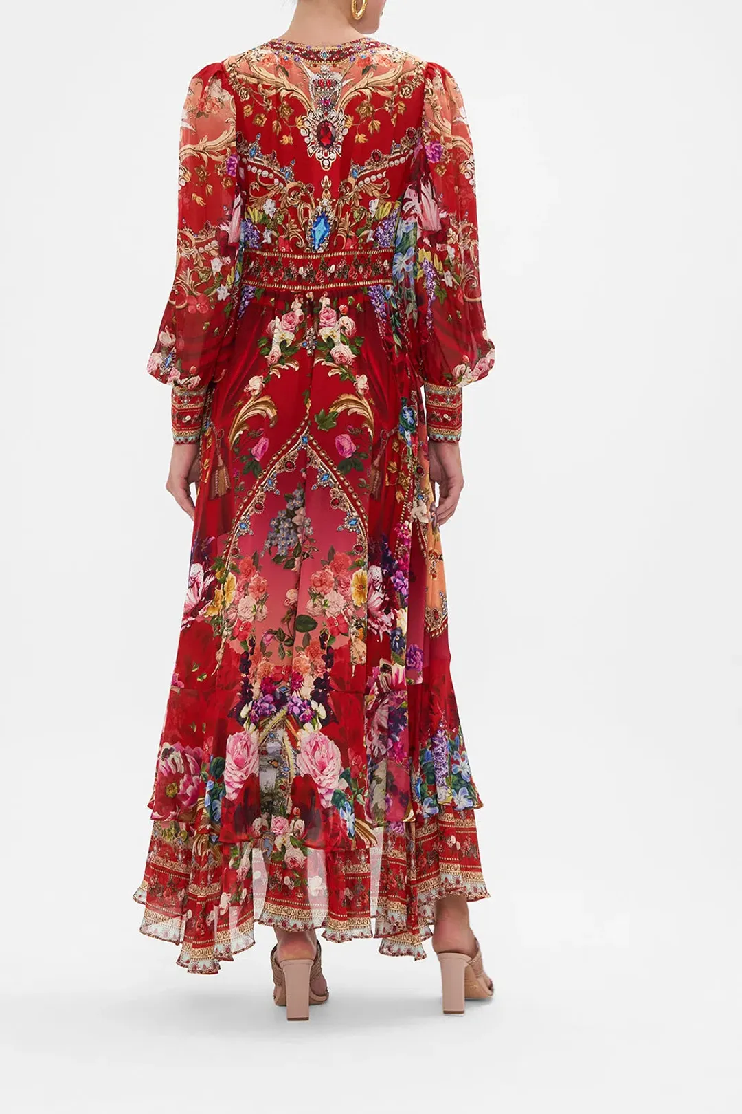Camilla Red Long Button Front Dress ‘Rites of Roses’ Size S / AU 10 for rent on The Volte - main image