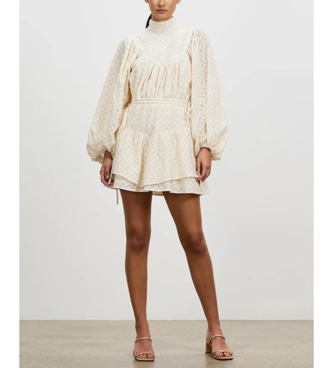 Shona Joy Poppy High Neck Balloon Sleeve Mini Dress Beige Size 10  for rent on The Volte - main image