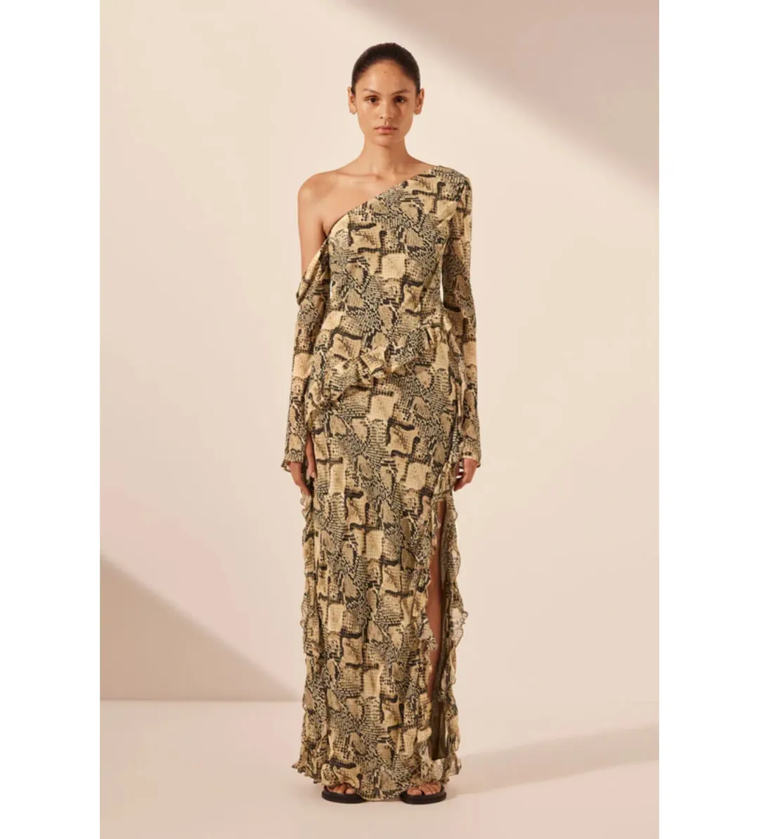 Shona Joy Hadiya Asymmetrical Long Sleeve Ruffle Maxi Dress in Hadiya Snake Print Size AU 8 for rent on The Volte - main image