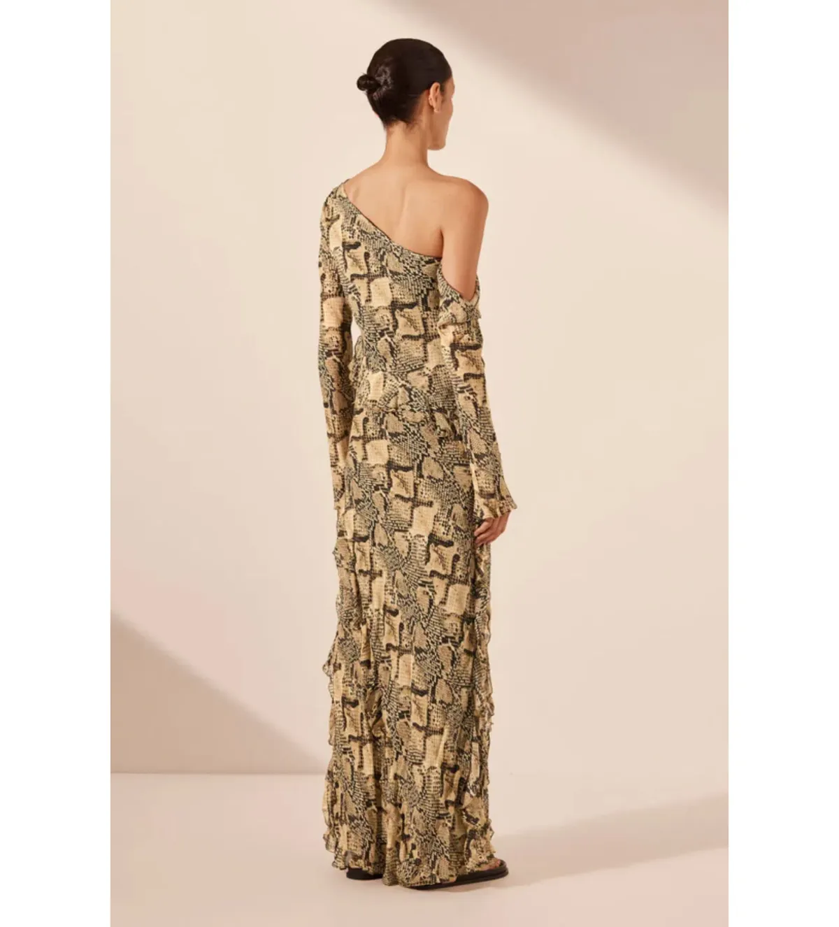 Shona Joy Hadiya Asymmetrical Long Sleeve Ruffle Maxi Dress in Hadiya Snake Print Size AU 8 - Image 7