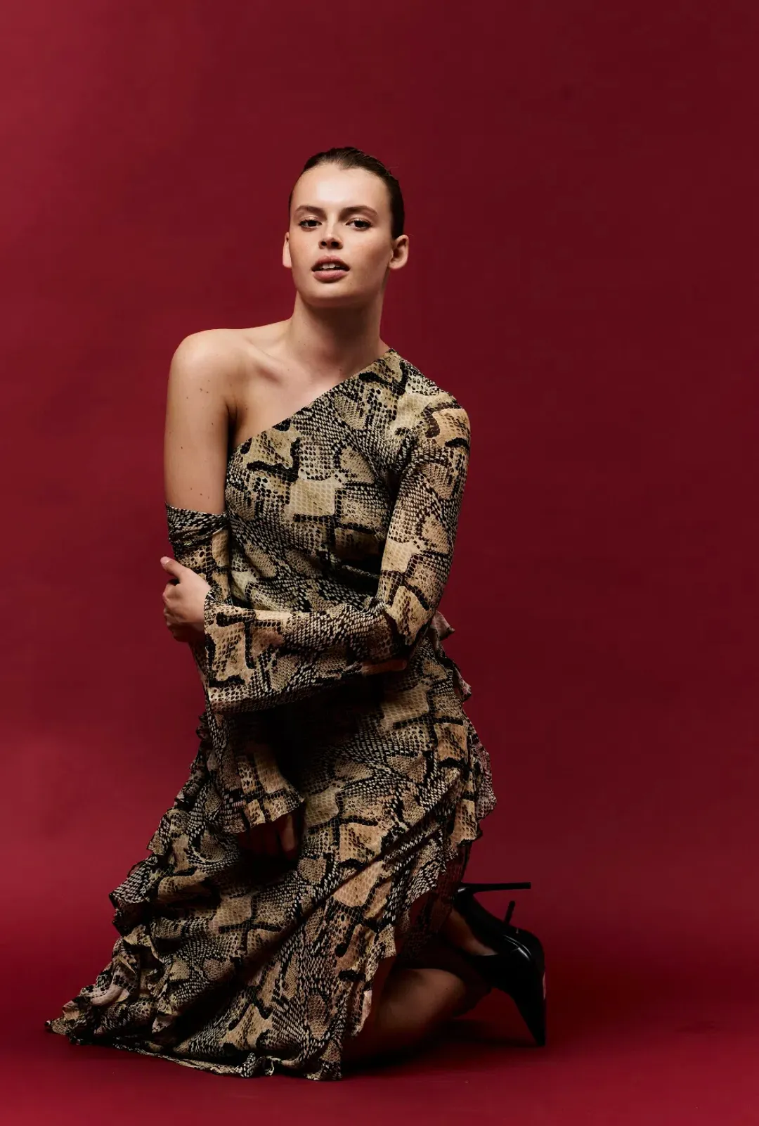 Shona Joy Hadiya Asymmetrical Long Sleeve Ruffle Maxi Dress in Hadiya Snake Print Size AU 8 for rent on The Volte - main image