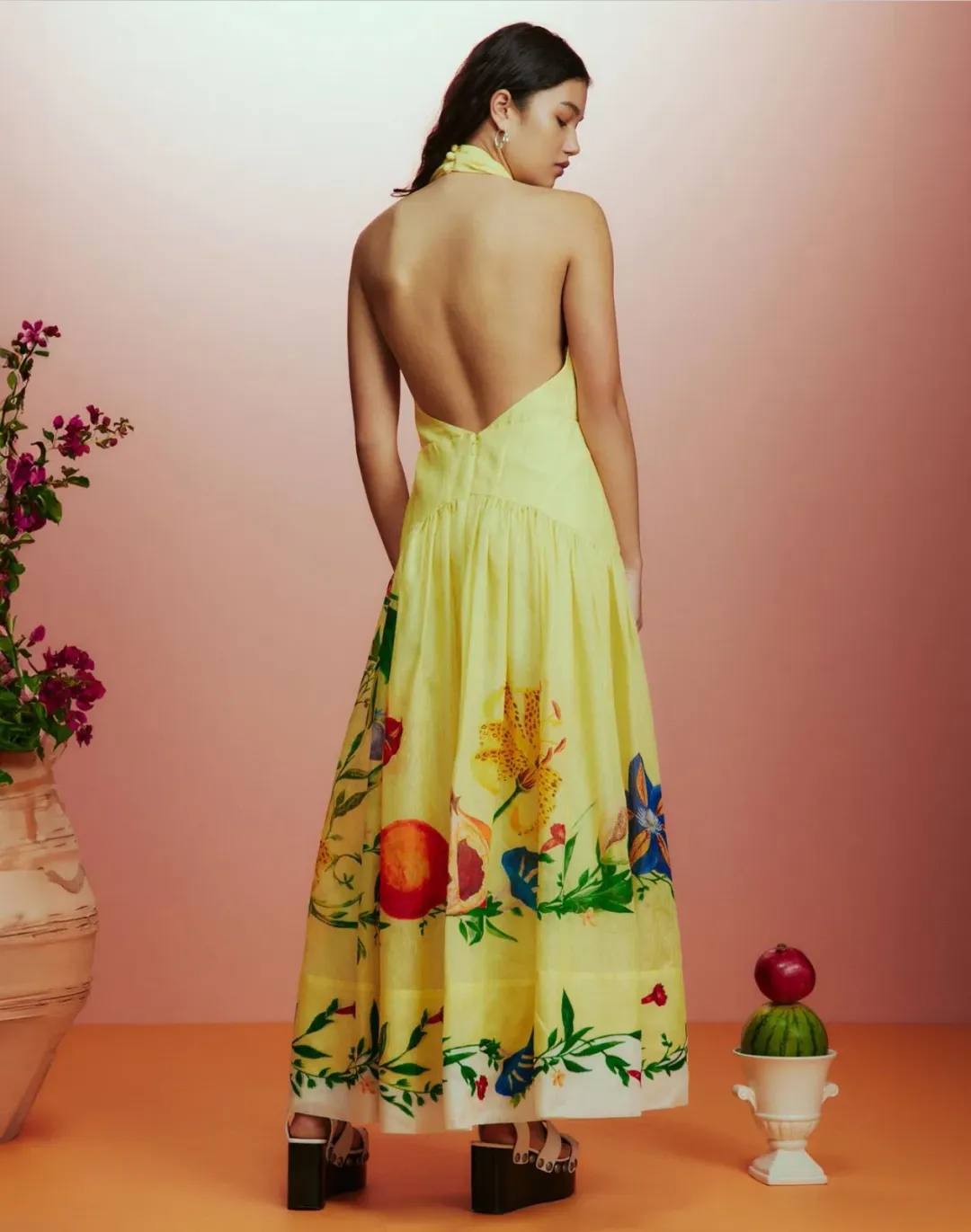 Alemais  Dahlia Halter Gown Midi Yellow Print Size AU 10  for rent on The Volte - main image