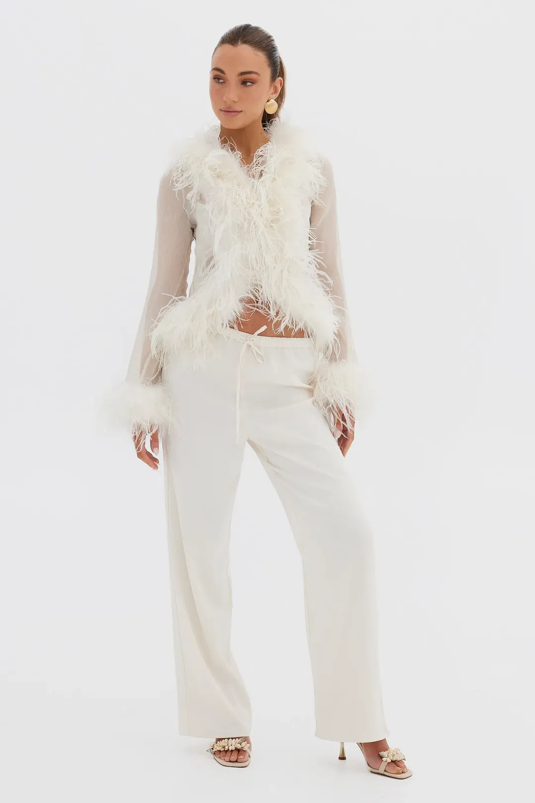 Bubish Gigi Sheer Feather Blouse & Bailey Draw Pant Set Ivory Size 8 for rent on The Volte - main image