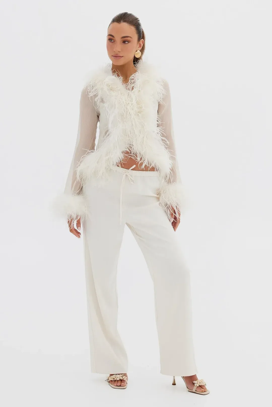 Bubish Gigi Sheer Feather Blouse & Bailey Draw Pant Set Ivory Size 8 for rent on The Volte - main image