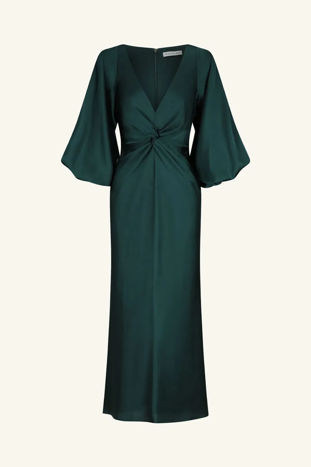 Shona Joy Luxe Balloon Sleeve Knot Front Midi Dress in Emerald Size 18 for rent on The Volte - main image