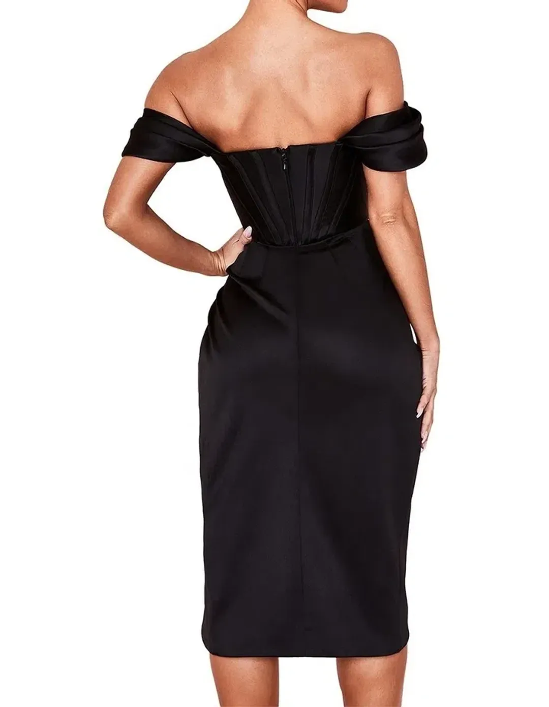 House of CB Loretta Satin Off the Shoulder Midi Dress Black Size S / AU 8 for rent on The Volte - main image