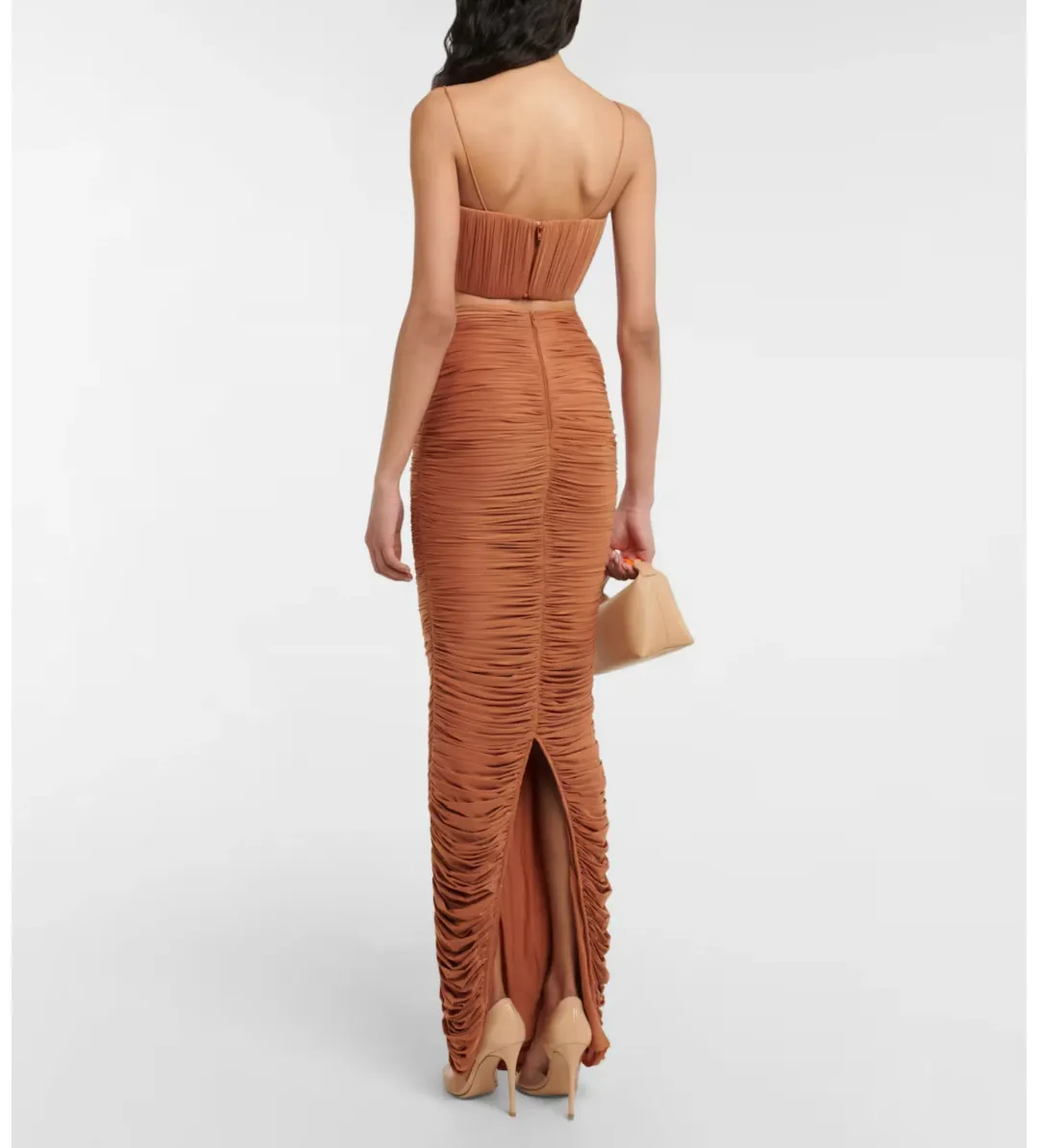 Alex Perry Hartley Ruched Maxi Skirt Brown Size AU 8 for rent on The Volte - main image