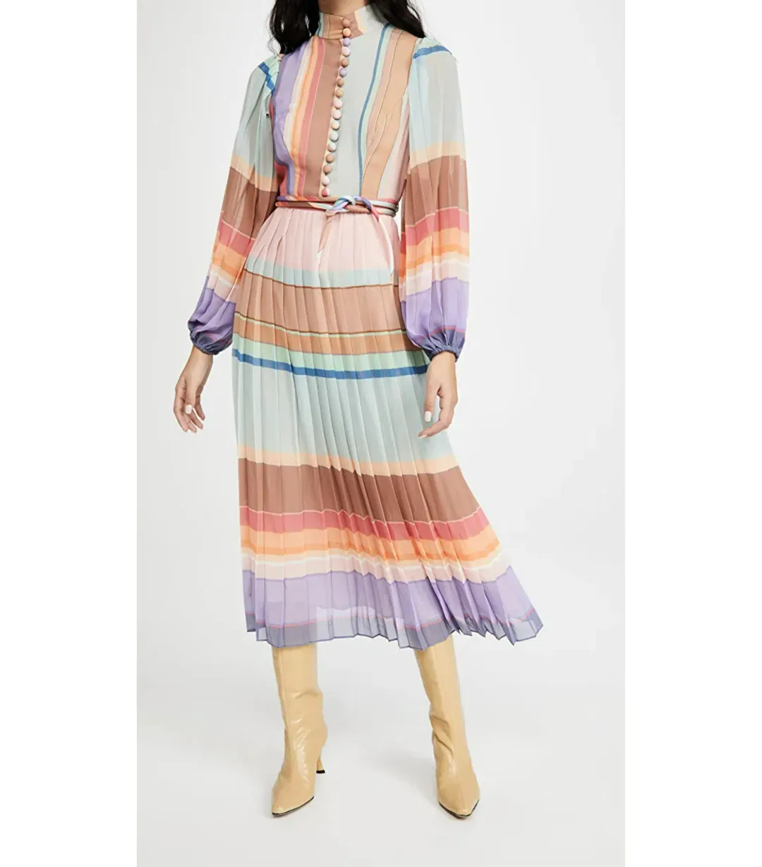 Zimmermann Rainbow Striped Crepe De Chine Midi Dress Multi Size 0 /AU 8 for rent on The Volte - main image
