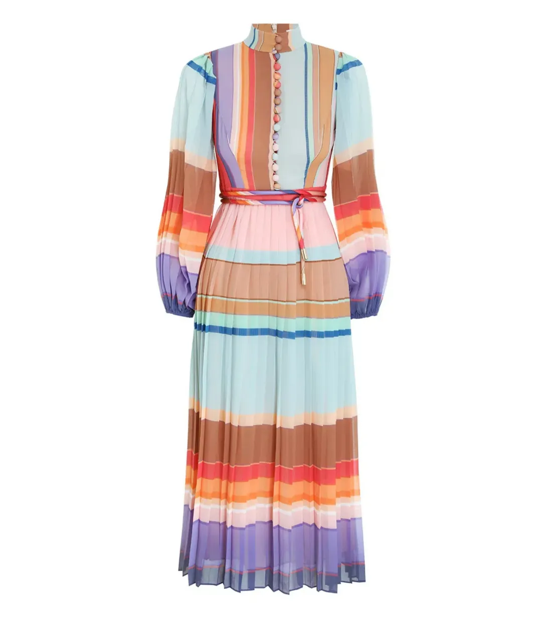 Zimmermann Rainbow Striped Crepe De Chine Midi Dress Multi Size 0 /AU 8 for rent on The Volte - main image