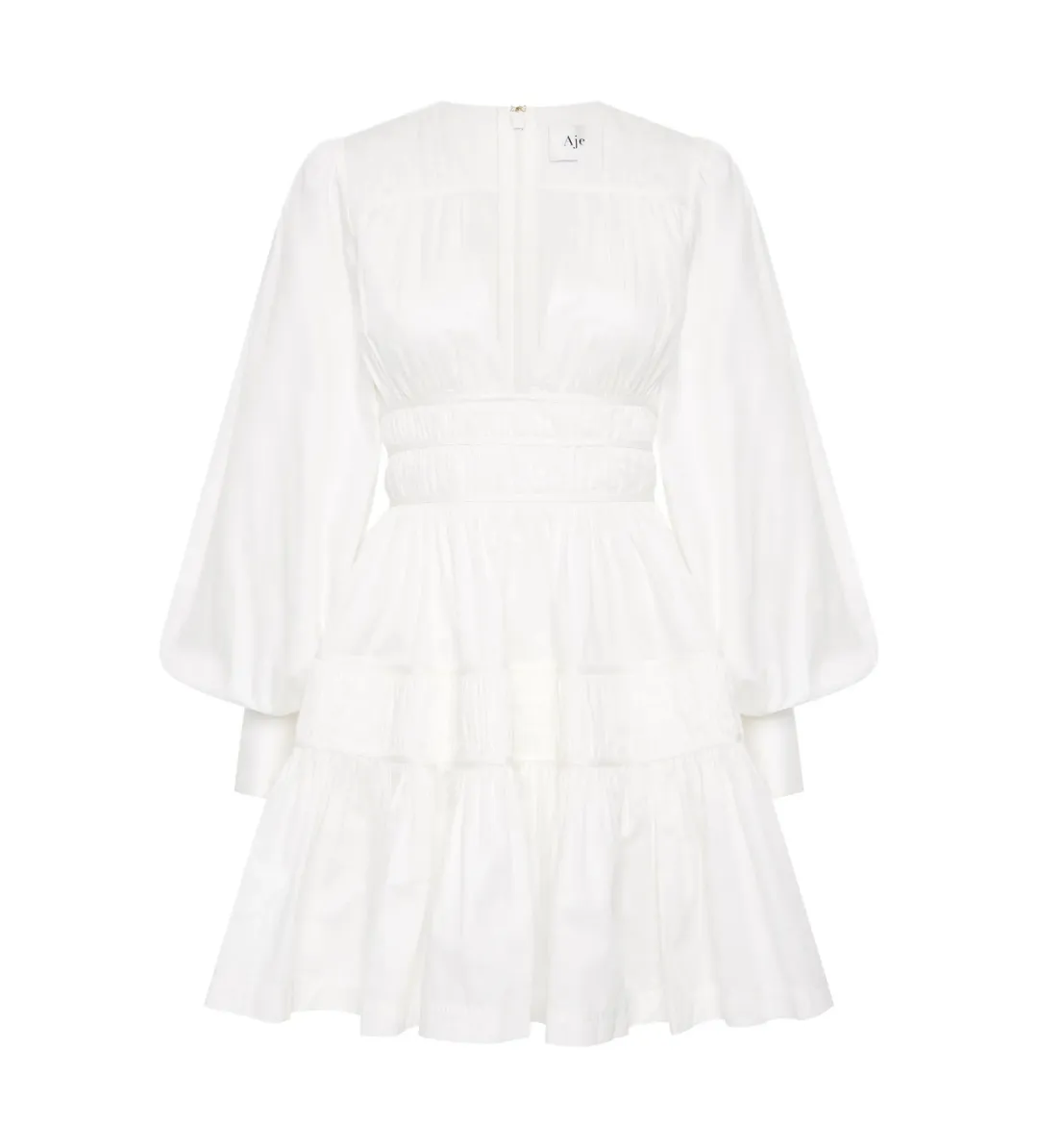 Aje Fallingwater Ruched Mini Dress in Ivory Size AU 14 for rent on The Volte - main image