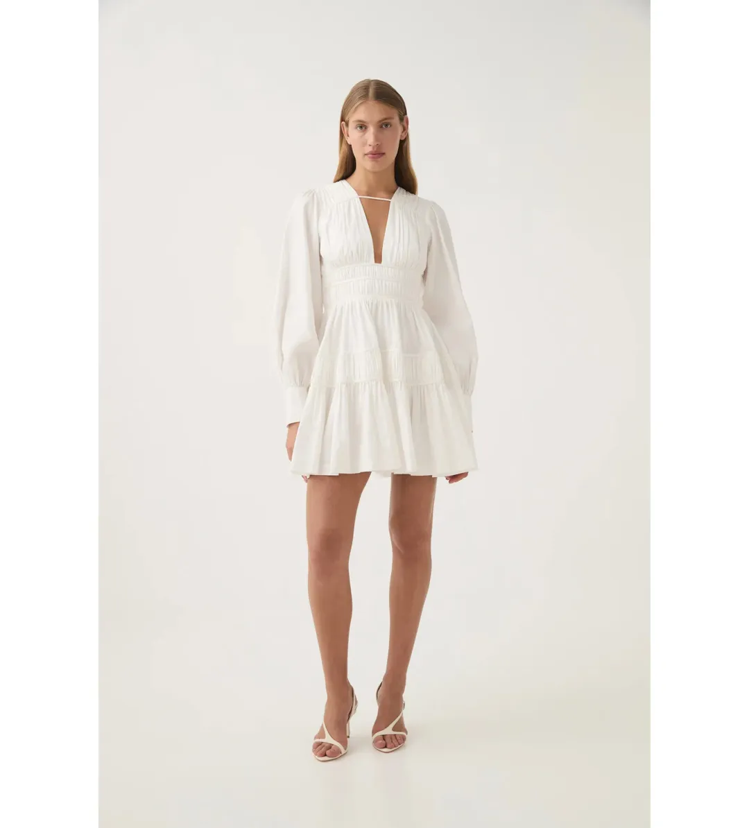 Aje Fallingwater Ruched Mini Dress in Ivory Size AU 14 for rent on The Volte - main image
