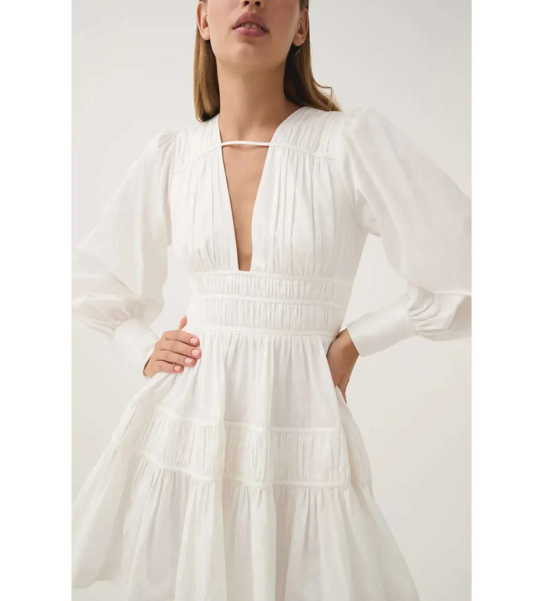 Aje Fallingwater Ruched Mini Dress in Ivory Size AU 14 for rent on The Volte - main image